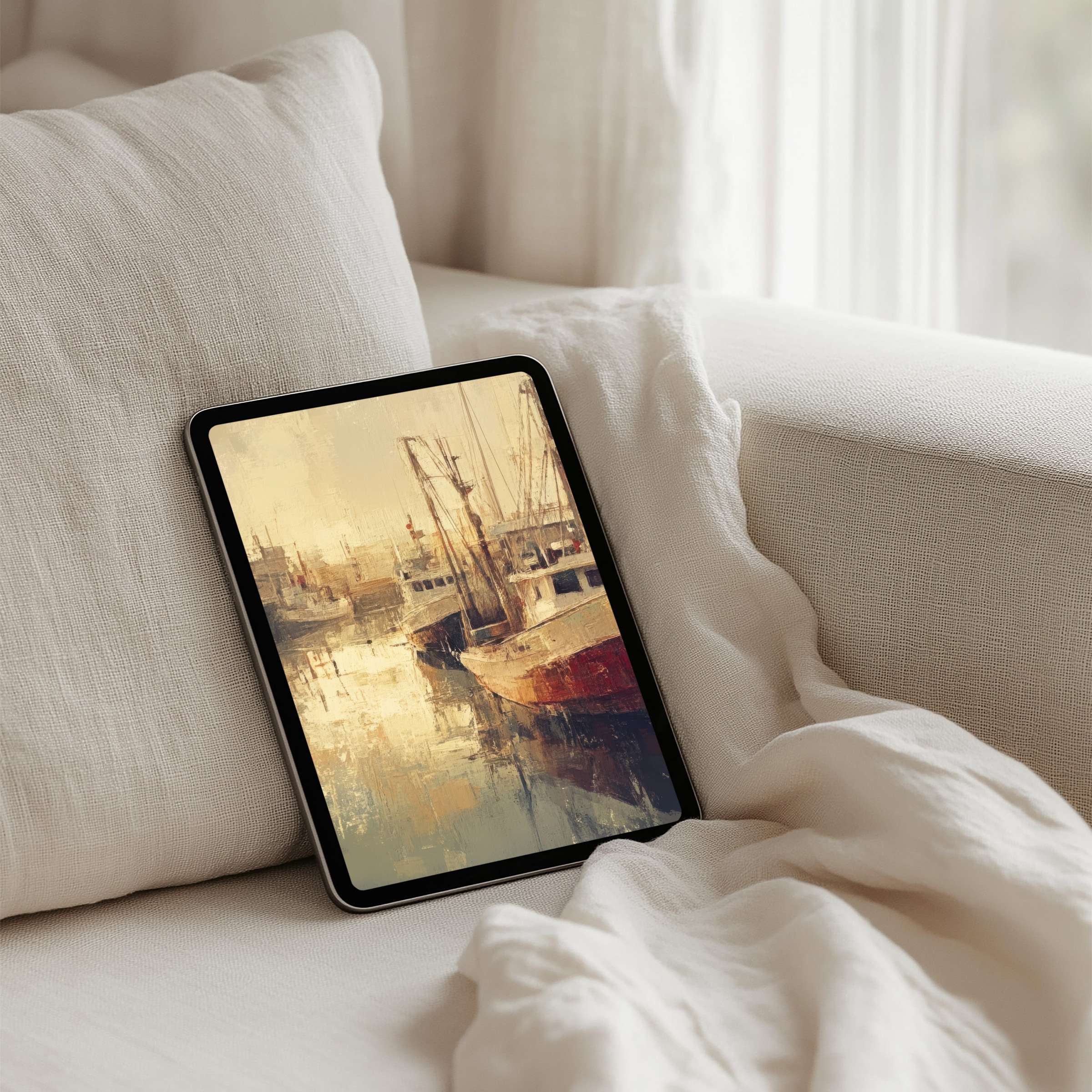 Elegant iPad background with serene harbor scene, perfect for mindful moments on your tablet, instant download available now