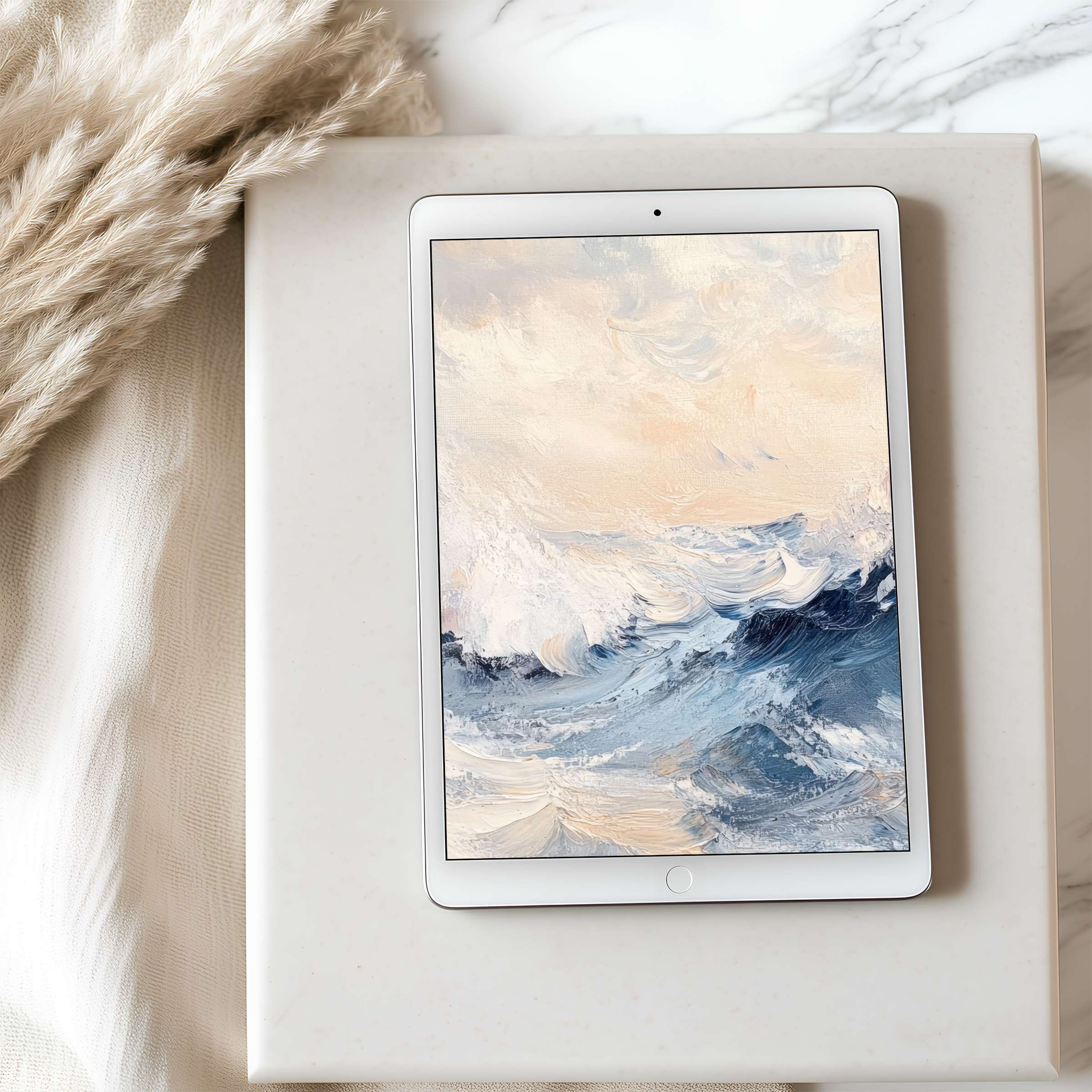 Elegant ocean-inspired tablet wallpaper in calming pastels adds serenity to your space suitable for iPad and Android, high resolution download