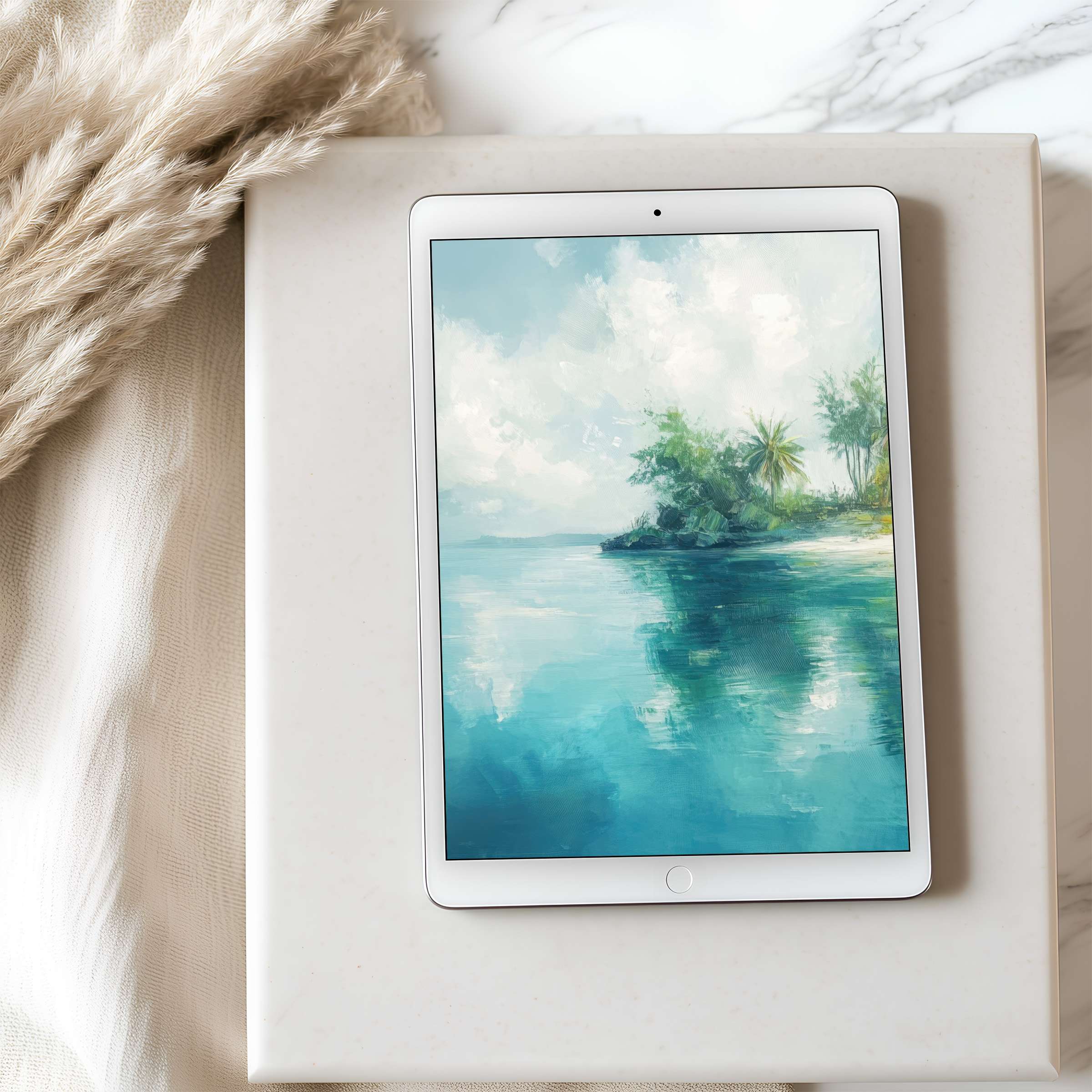 Elegant tablet wallpaper featuring serene ocean blues and lush palms, perfect for iPad or Android tablets high resolution download