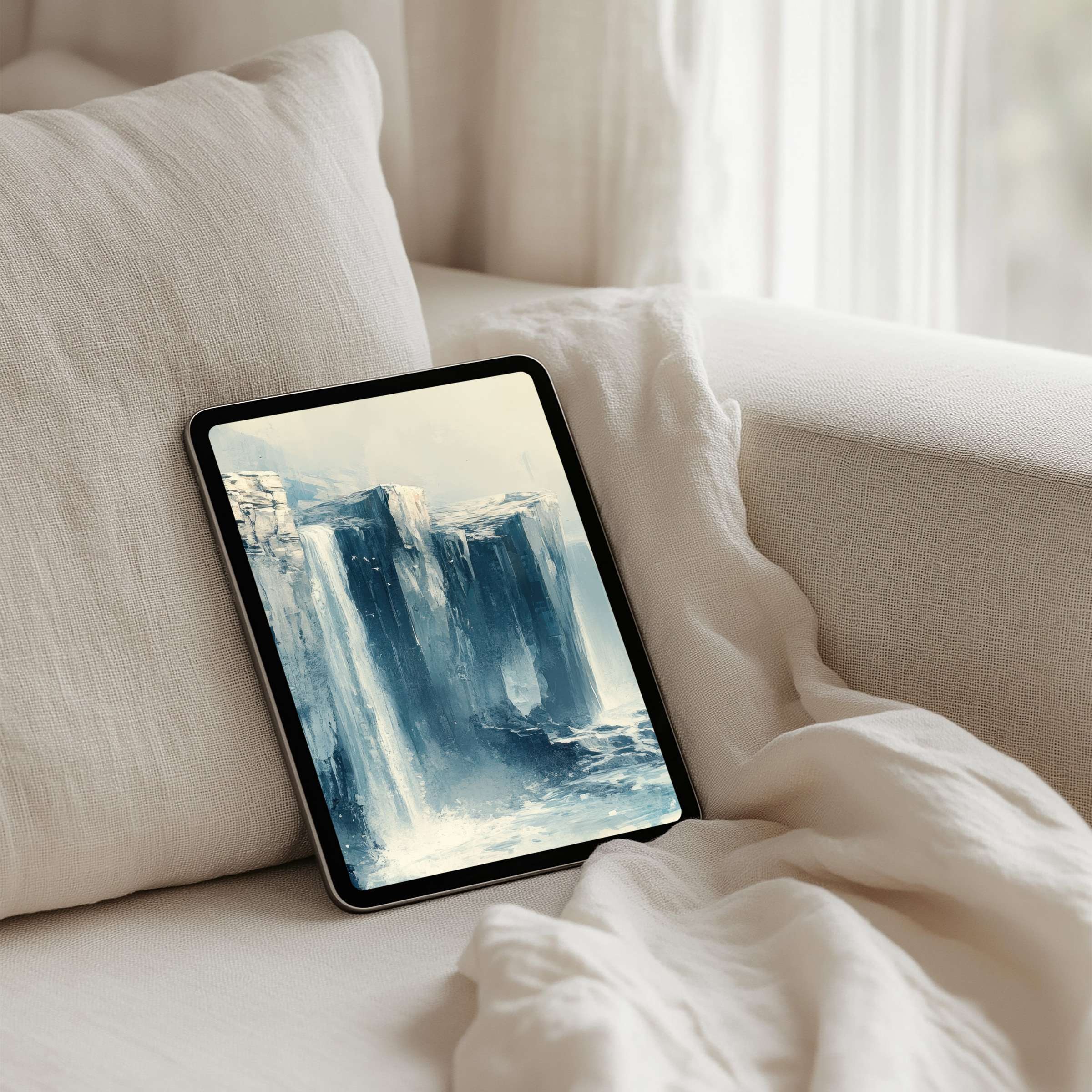 Elegant abstract waterfall painting in cool blues on iPad background brings calm to any tablet with instant download for inspiration