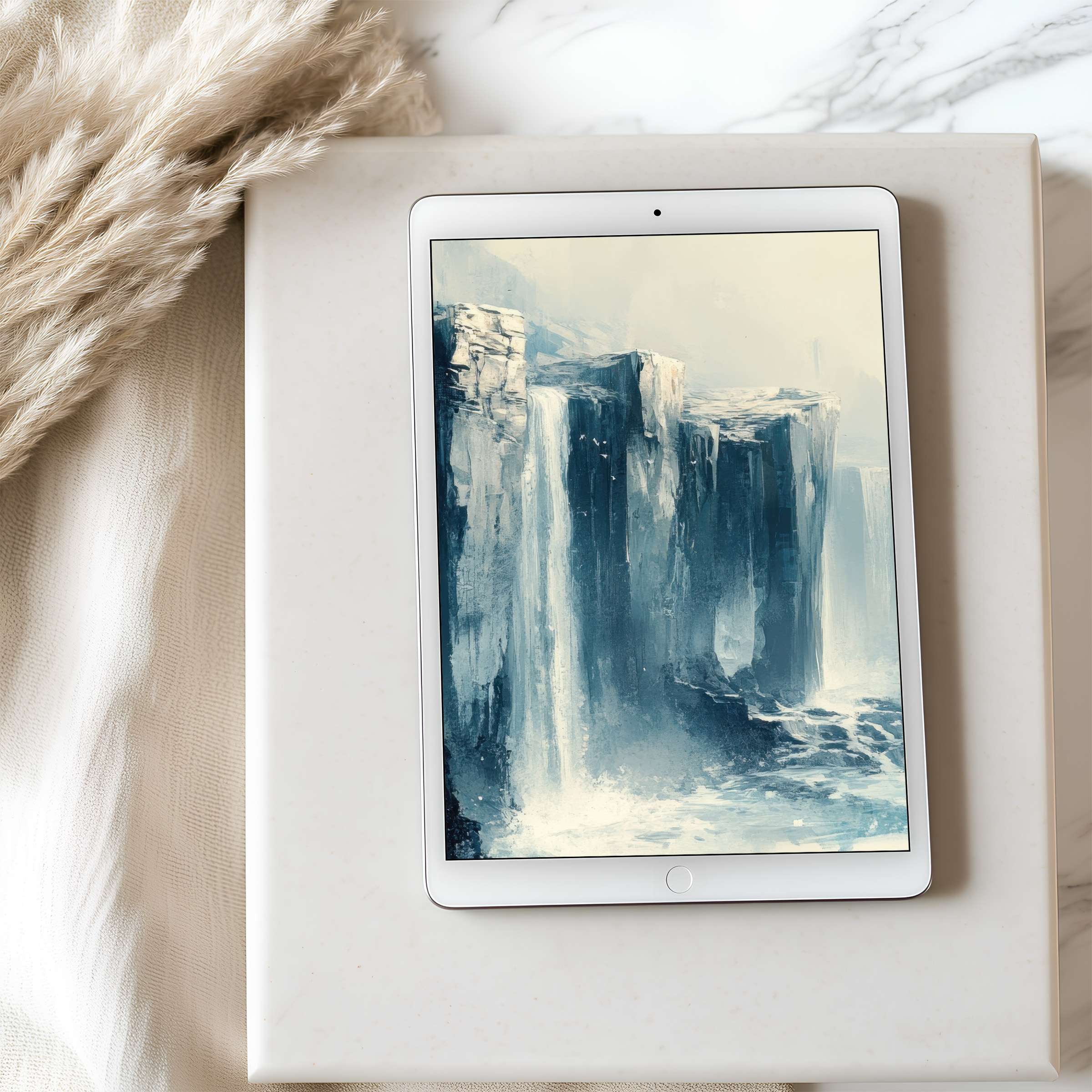 Elegant tablet wallpaper featuring serene blue abstract cliffs, ideal for iPad and Android tablets, offering calm and aesthetic digital download