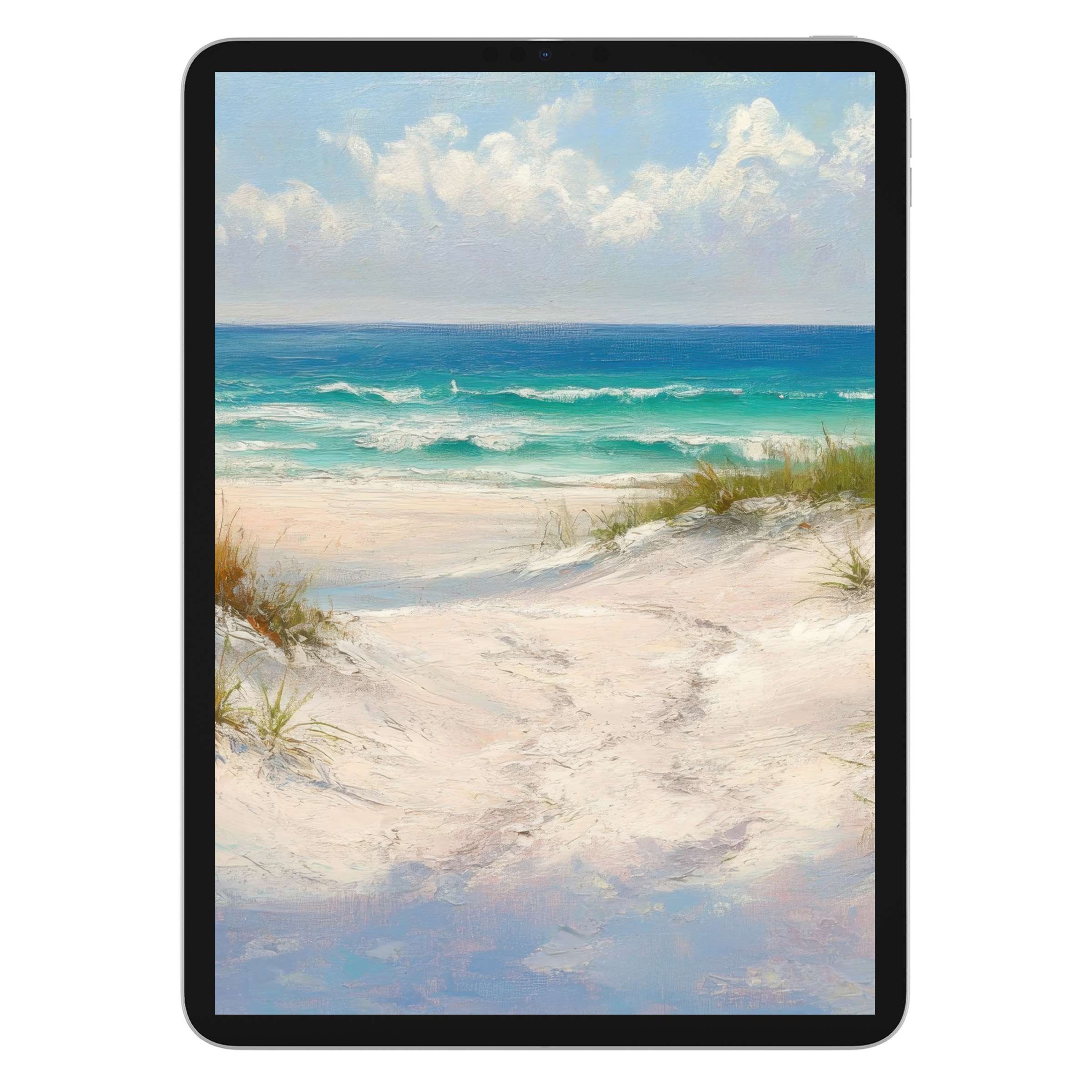 Coastal iPad wallpaper as a serene digital download, offering an elegant sandy beach and ocean background for any tablet screen