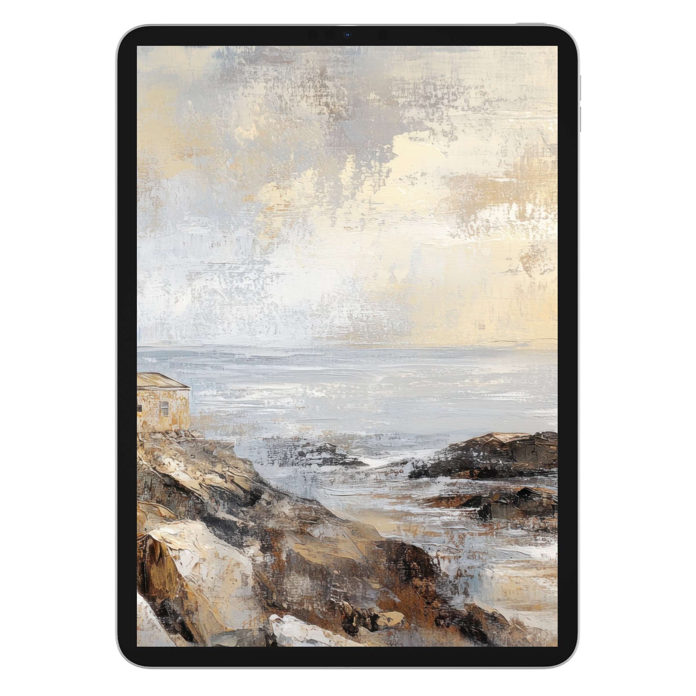 Calming coastal iPad wallpaper with soft beige and gray textures for an elegant tablet background digital download tranquility