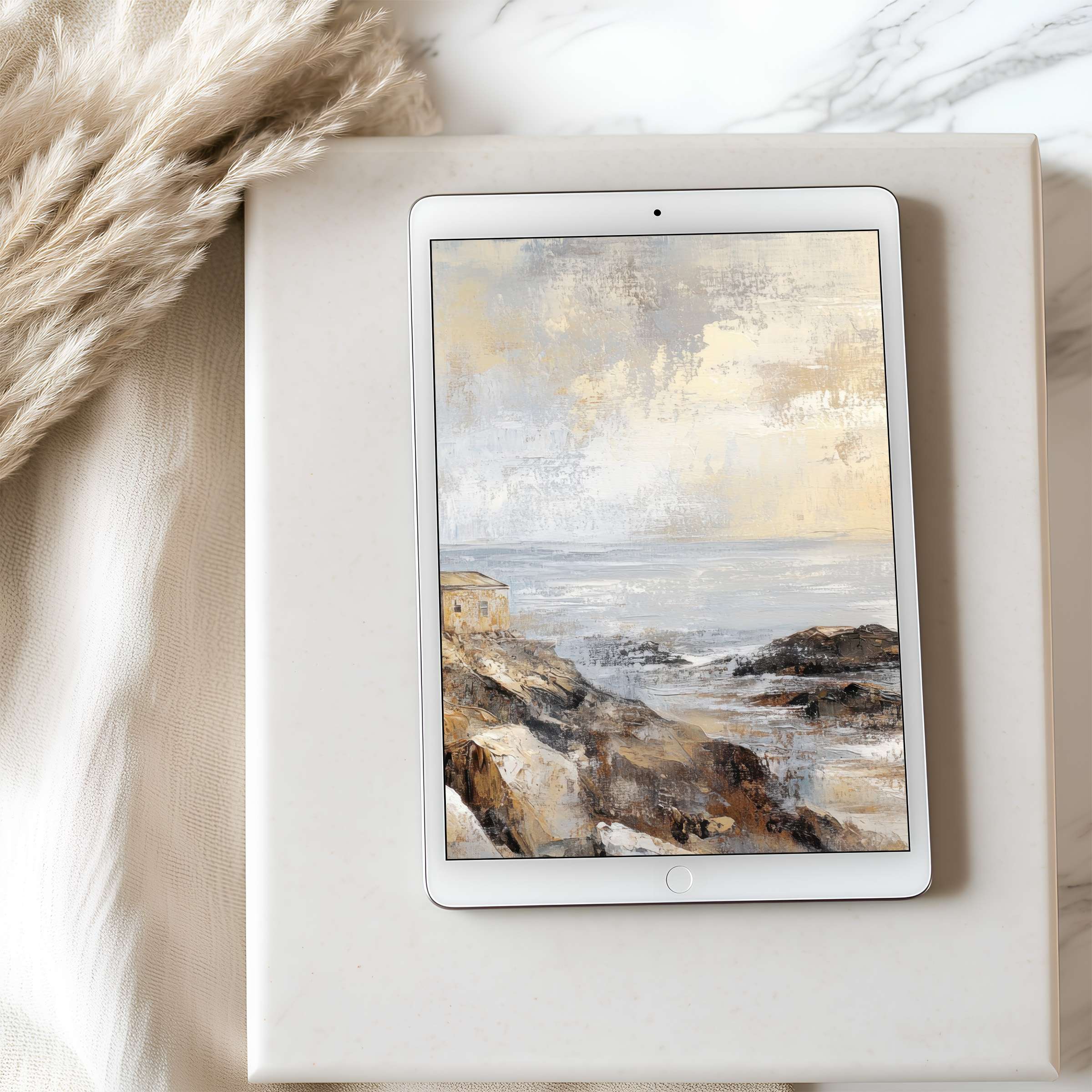 Elegant tablet wallpaper featuring a serene coastal landscape in muted earth tones perfect for high resolution iPad and Android download