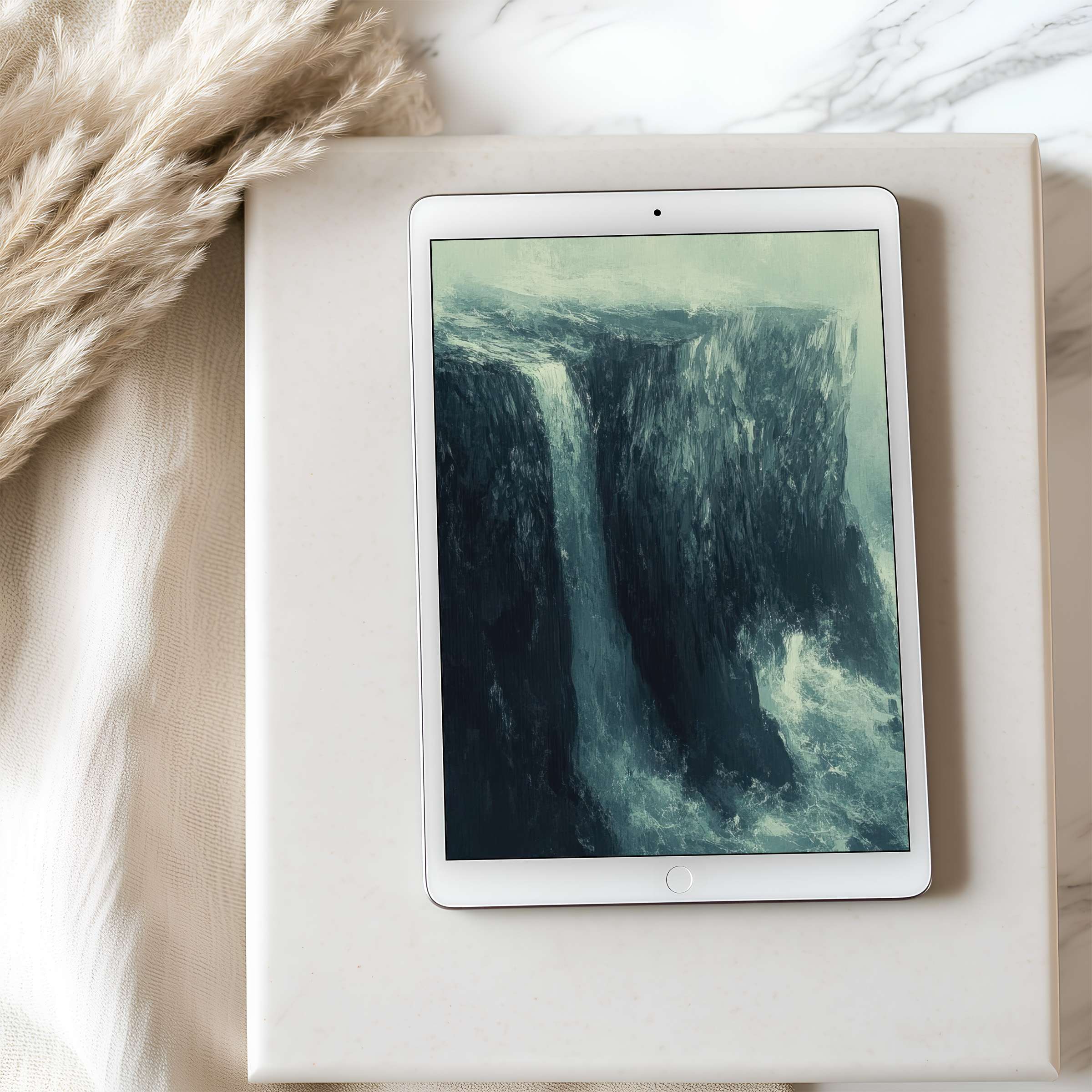 Elegant tablet wallpaper showcasing serene waterfall art in cool hues, perfect for iPad or Android high-resolution downloads