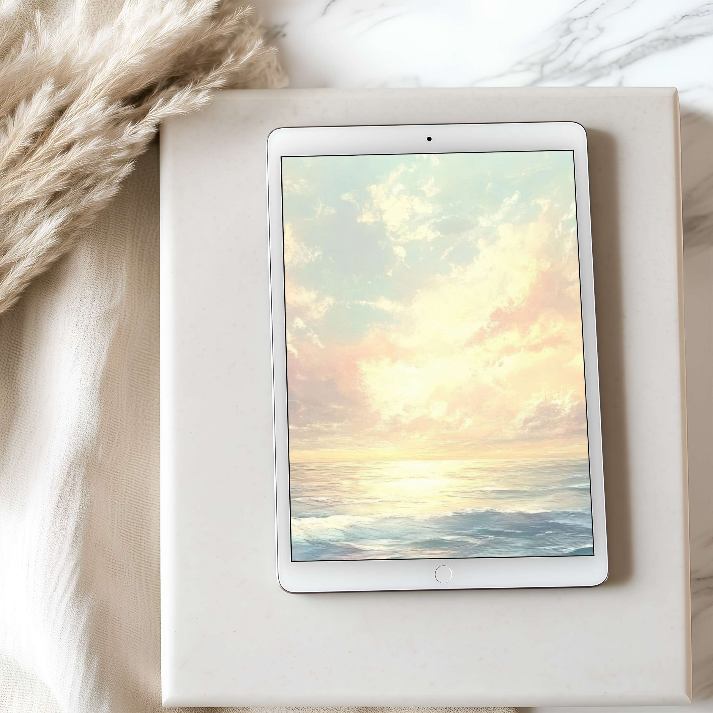 Serene sunset digital art creates a soothing tablet wallpaper for iPad and Android tablets, offering a calm aesthetic for interiors