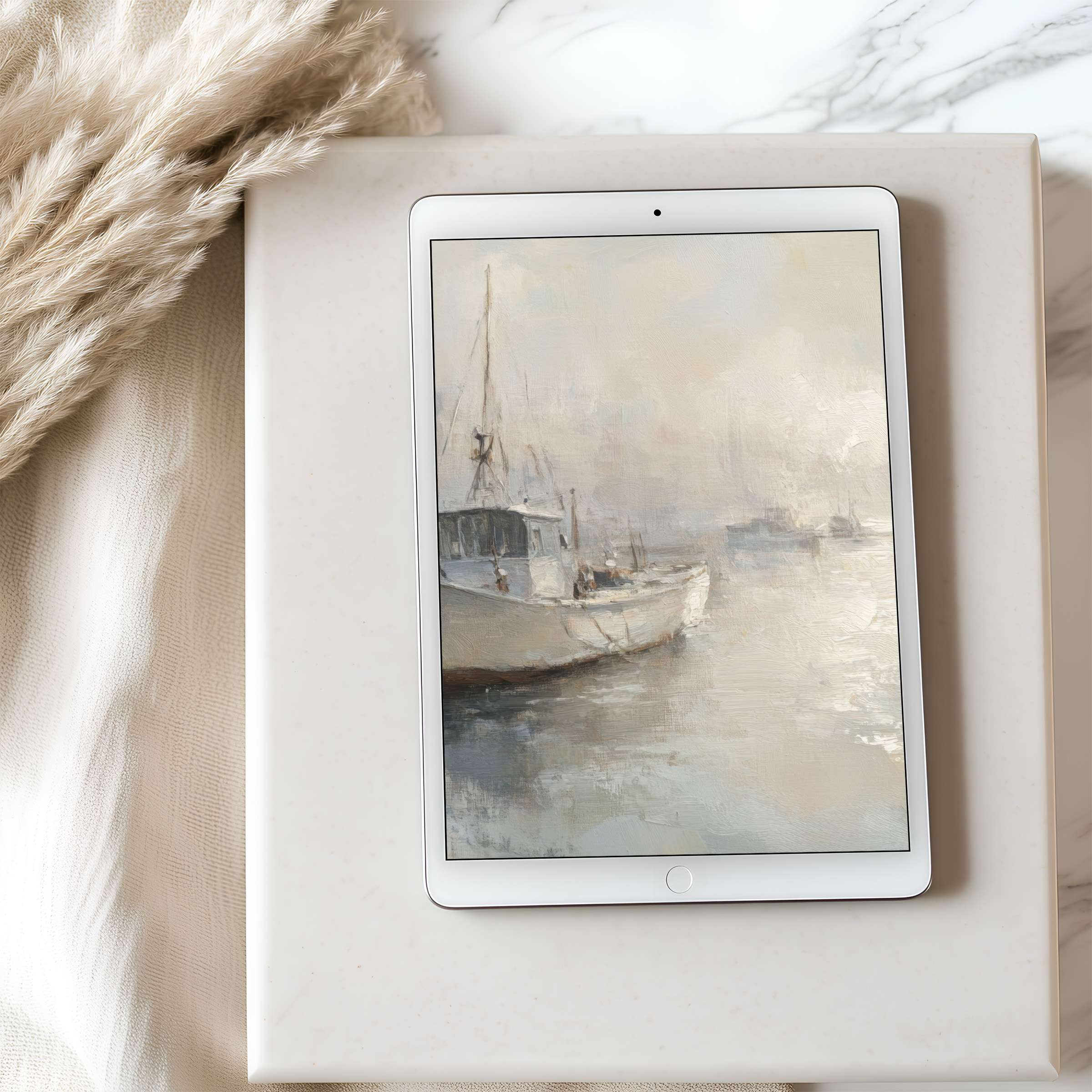 Serene boat scene tablet wallpaper in soft pastels, perfect high resolution download for iPad and Android, elevating modern decor