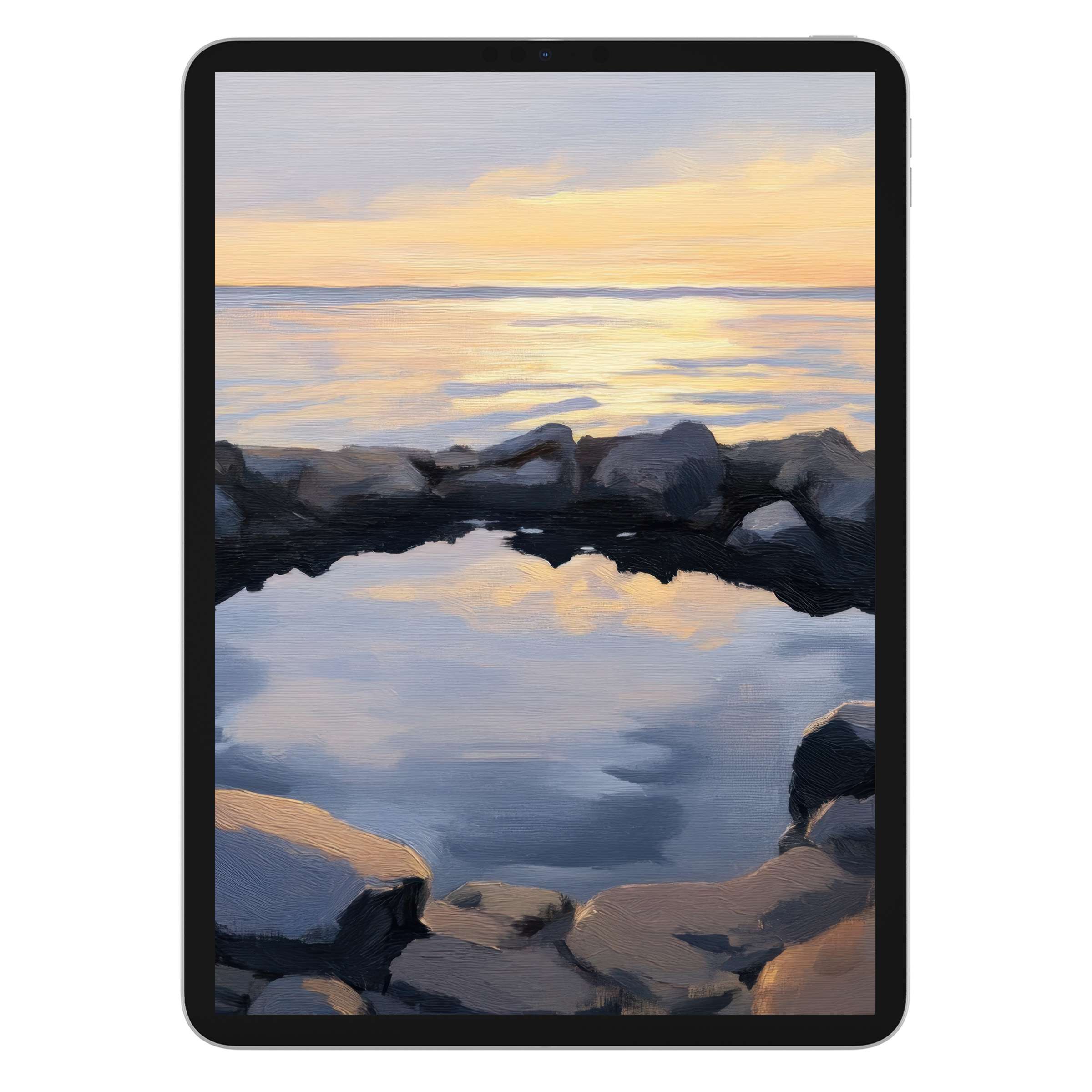 Coastal iPad wallpaper featuring serene sunset over rocky shore, ideal digital download for calming tablet background settings