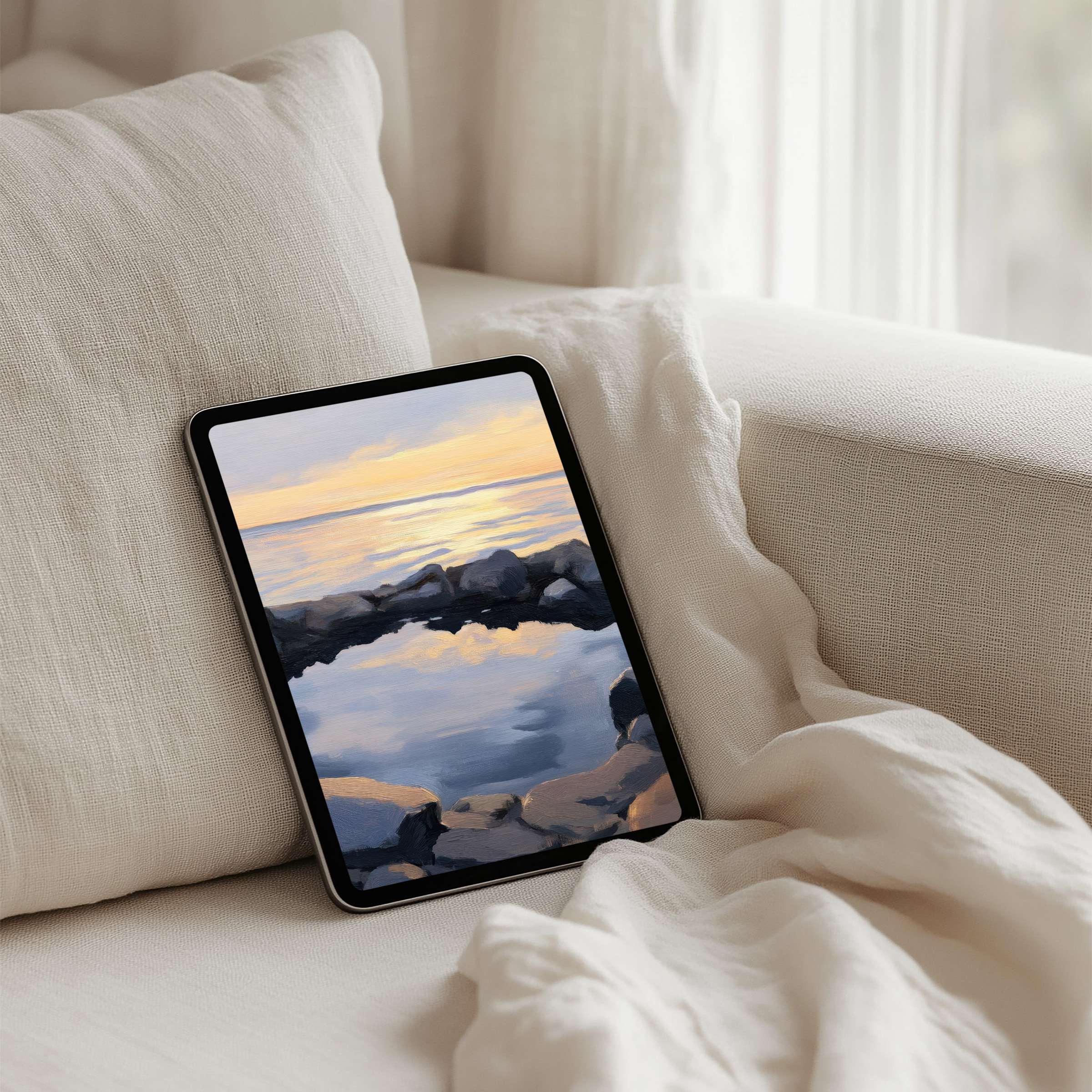 Serene iPad background with calming seascape art for instant download, fitting any tablet for elegant mindfulness and inspiration