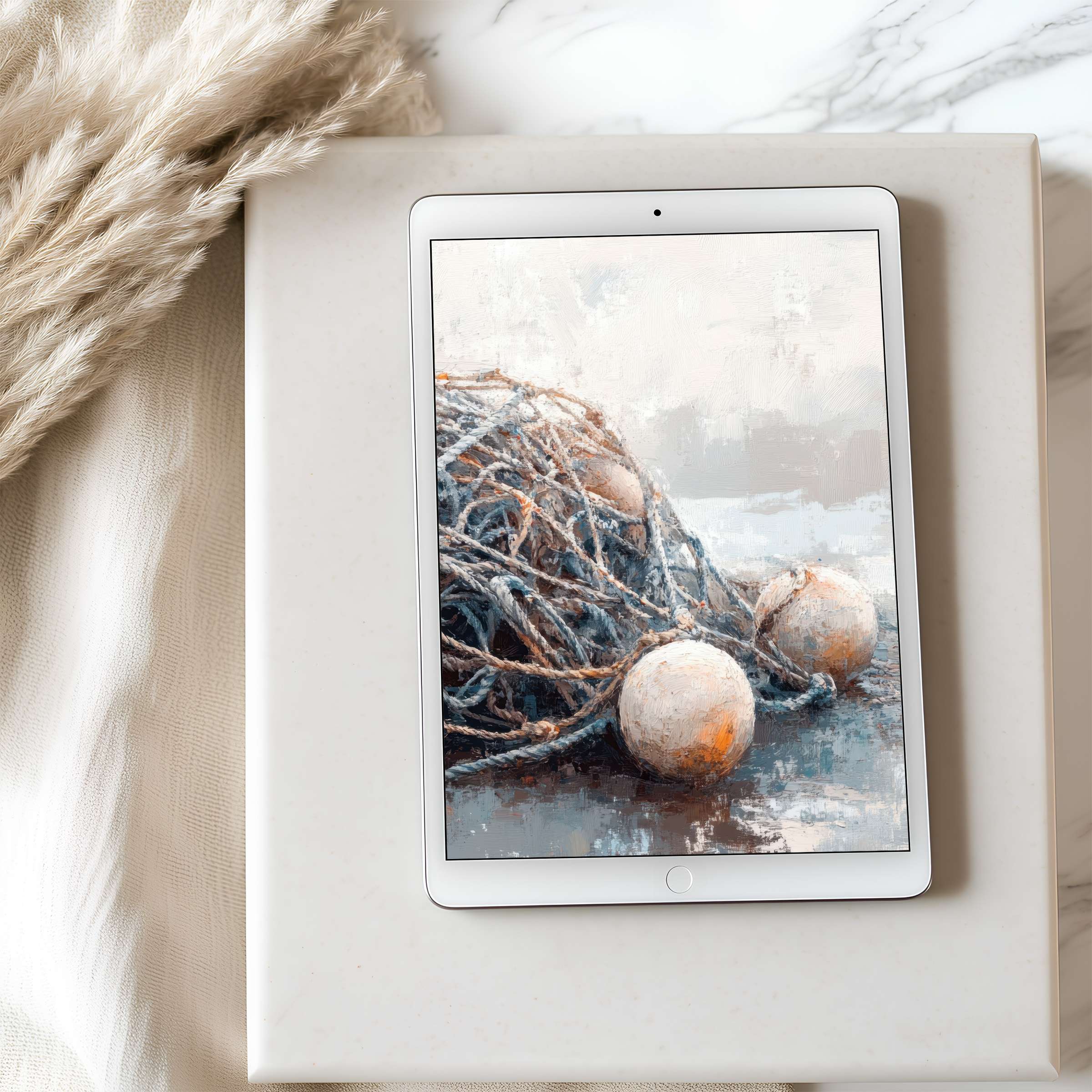 Elegantly curated tablet wallpaper featuring textured coastal art with cool tones for iPad or Android tablets, perfect for serene digital decor