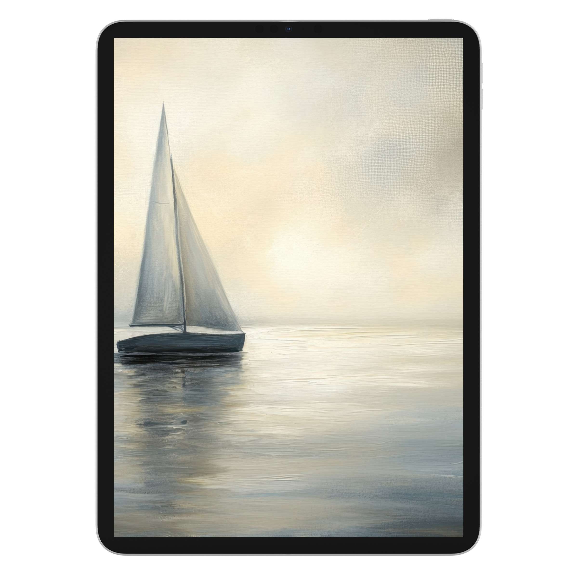 Serene coastal iPad wallpaper featuring a sailboat on misty waters, digital download offering elegance for any tablet background