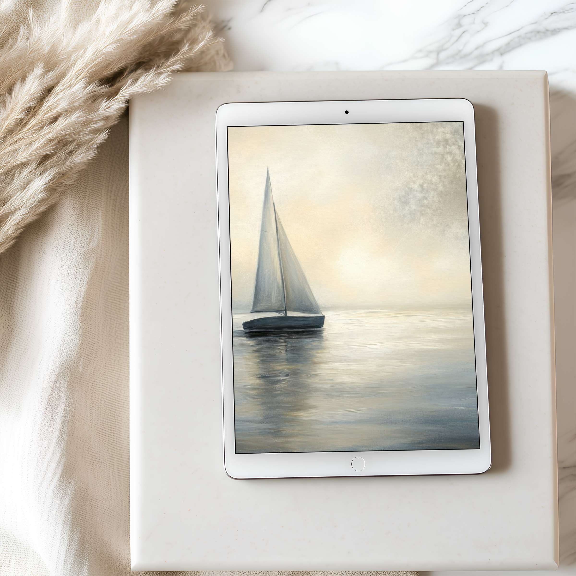 Elegant sailboat scene on calming tablet wallpaper, perfect for iPad or Android tablets, offering a high resolution digital download