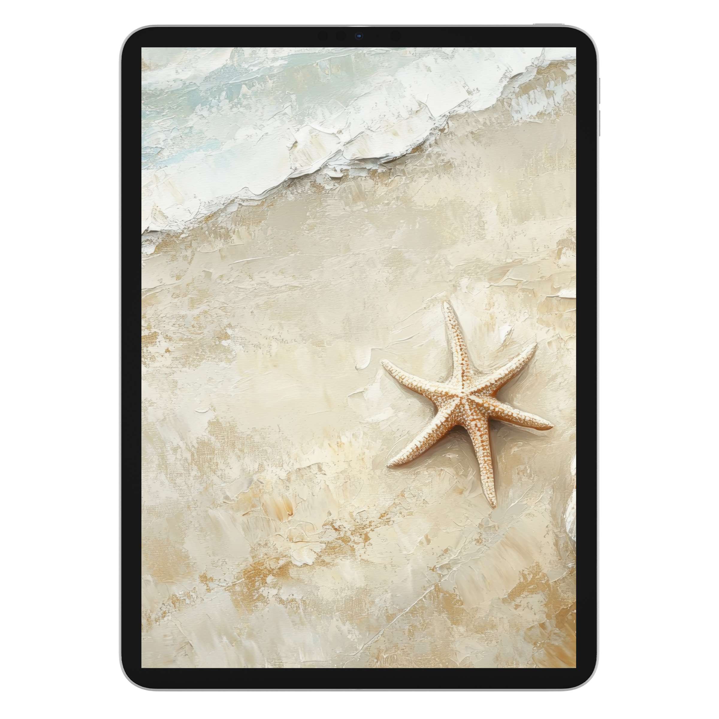 Coastal iPad wallpaper with textured sand and a starfish offers a serene digital download background for any tablet device