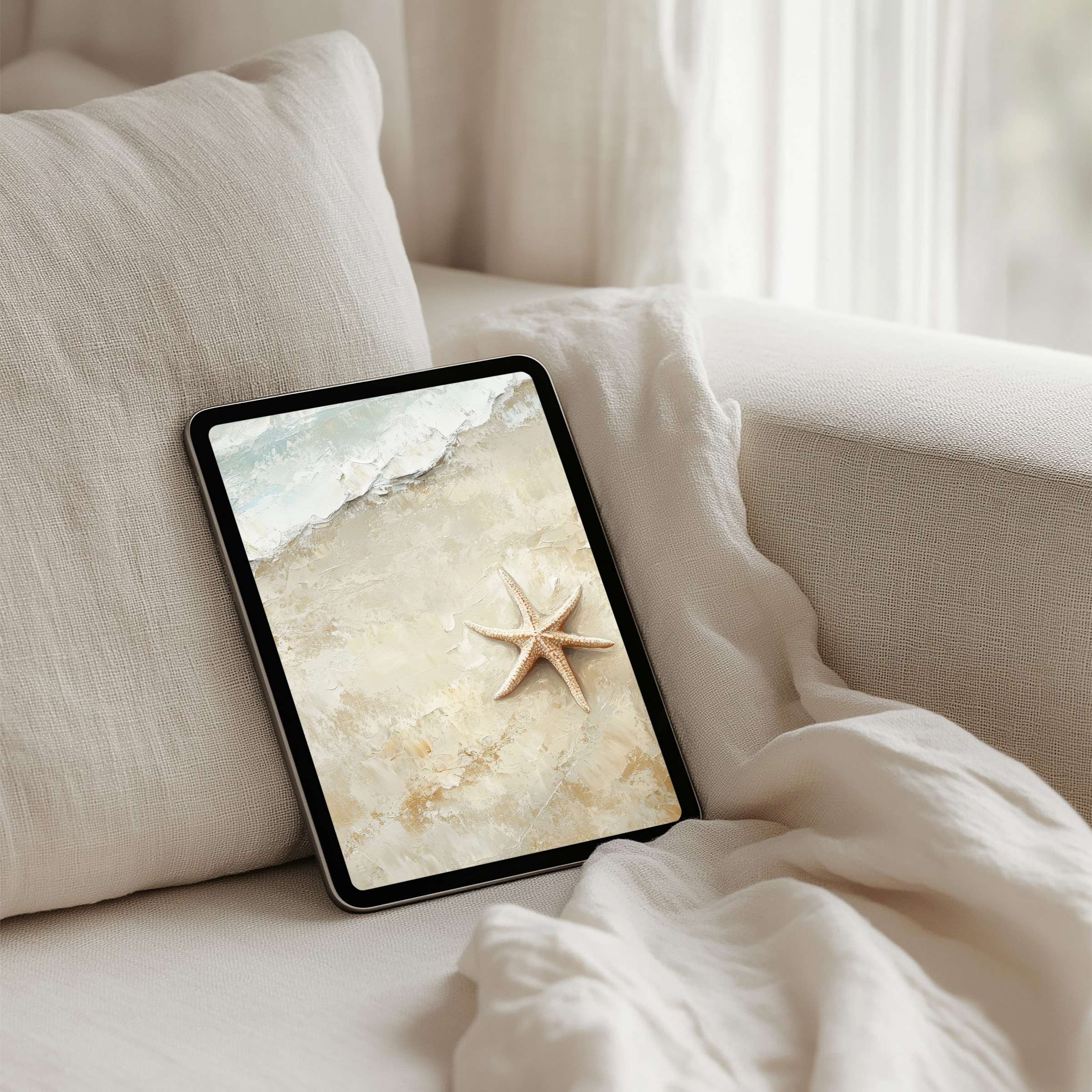 Elegant iPad background featuring serene beach textures with a starfish, perfect for tablet screens, available for instant download