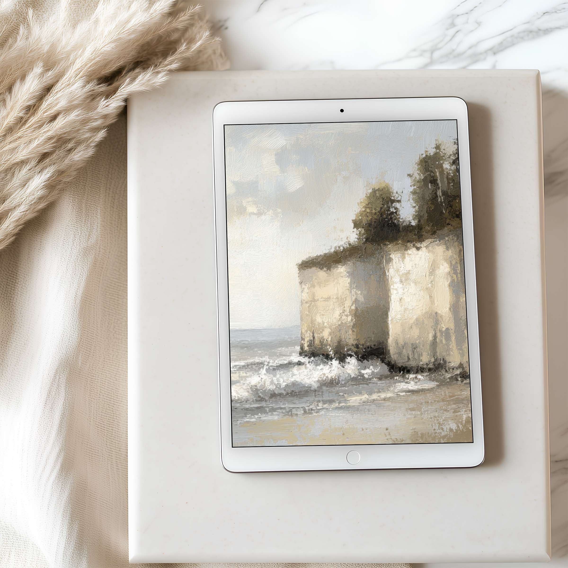 Serene cliffside beach art enriches your tablet wallpaper, offering a calming high-resolution view for iPad and Android tablets