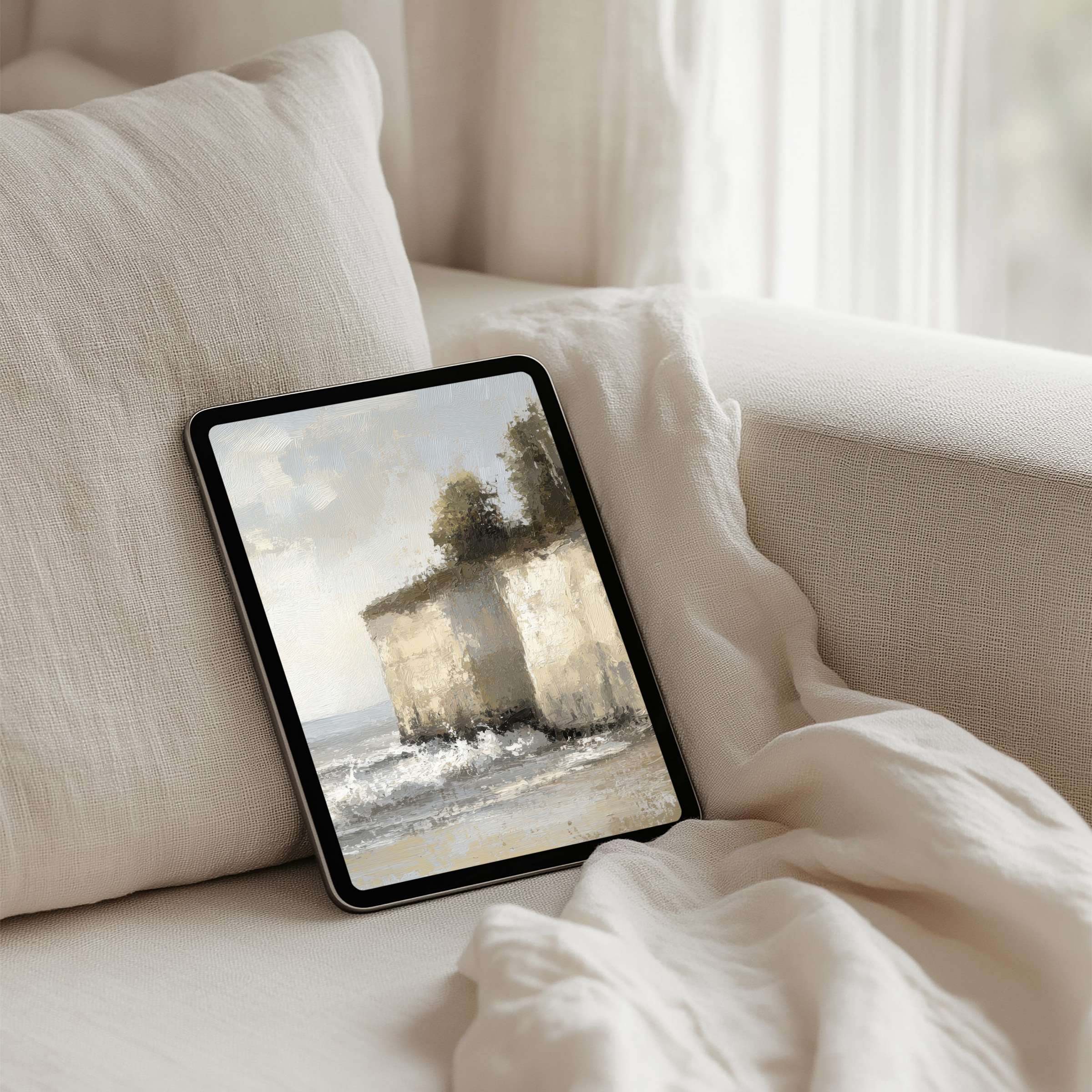 Elegant iPad background with serene coastal art, perfect for a calming tablet experience and instant download for mindful decor
