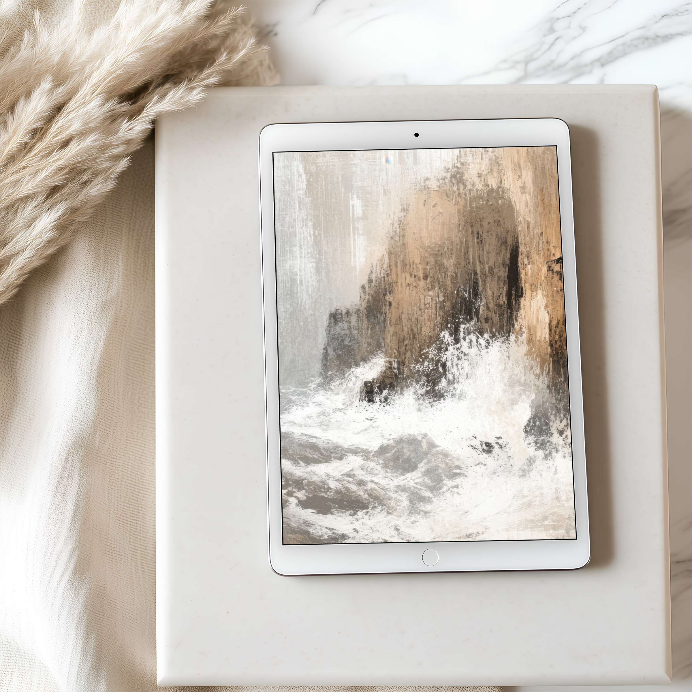 Elegant coastal abstract tablet wallpaper in high resolution, blending soft earth tones, ideal for any iPad and Android tablet ambiance