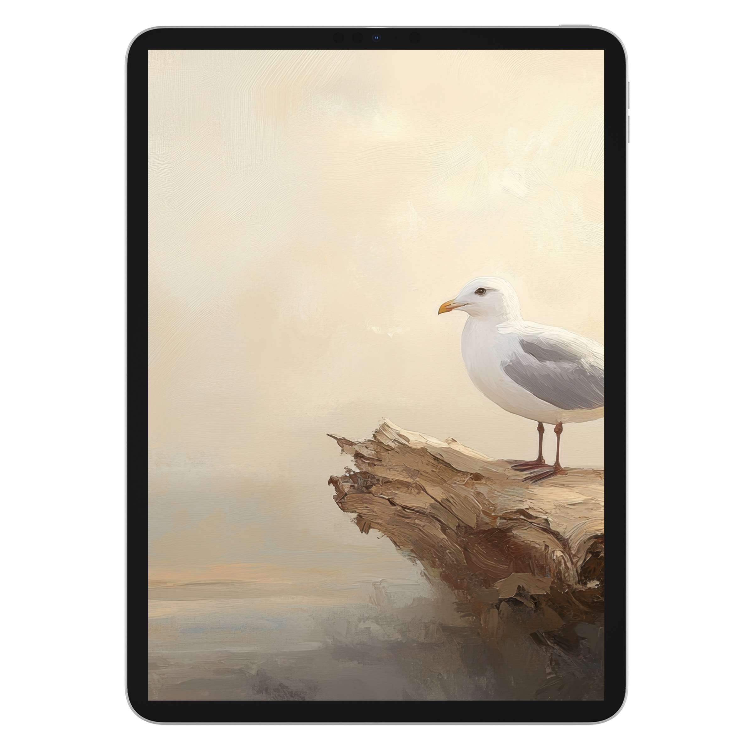 Elegant coastal iPad wallpaper featuring a serene seagull on a rocky perch, perfect digital download for tablets seeking artistic backgrounds
