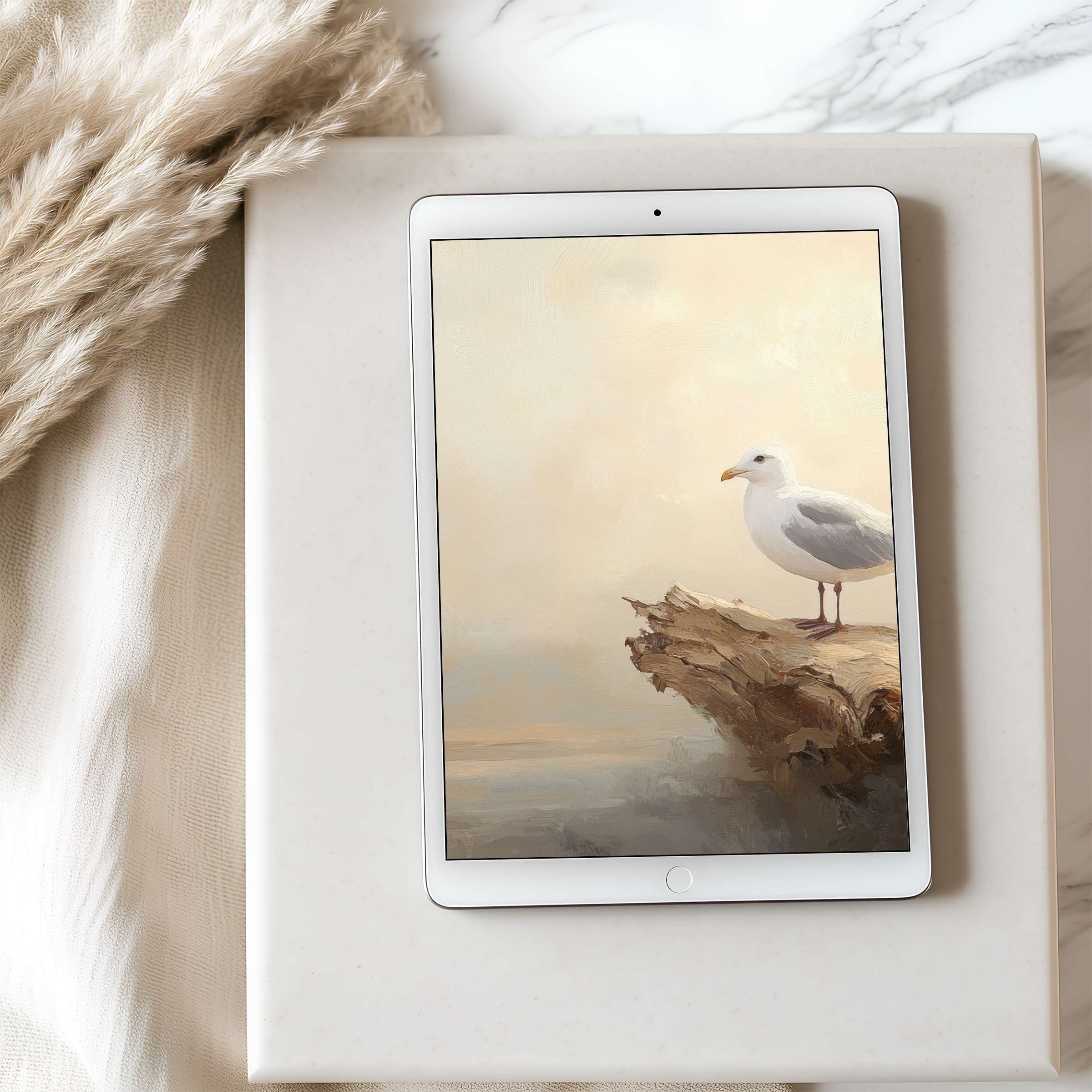 Elegant tablet wallpaper featuring a serene seagull on driftwood in soft beige tones perfect for high-resolution iPad and Android downloads
