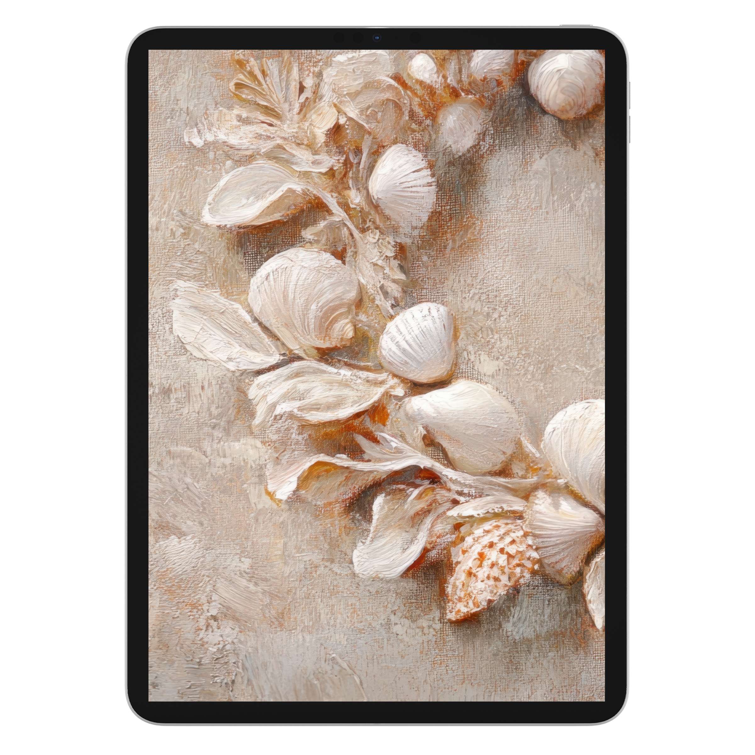 Elegant coastal iPad wallpaper with textured seashells and soft earth tones for a calming digital download tablet background charm