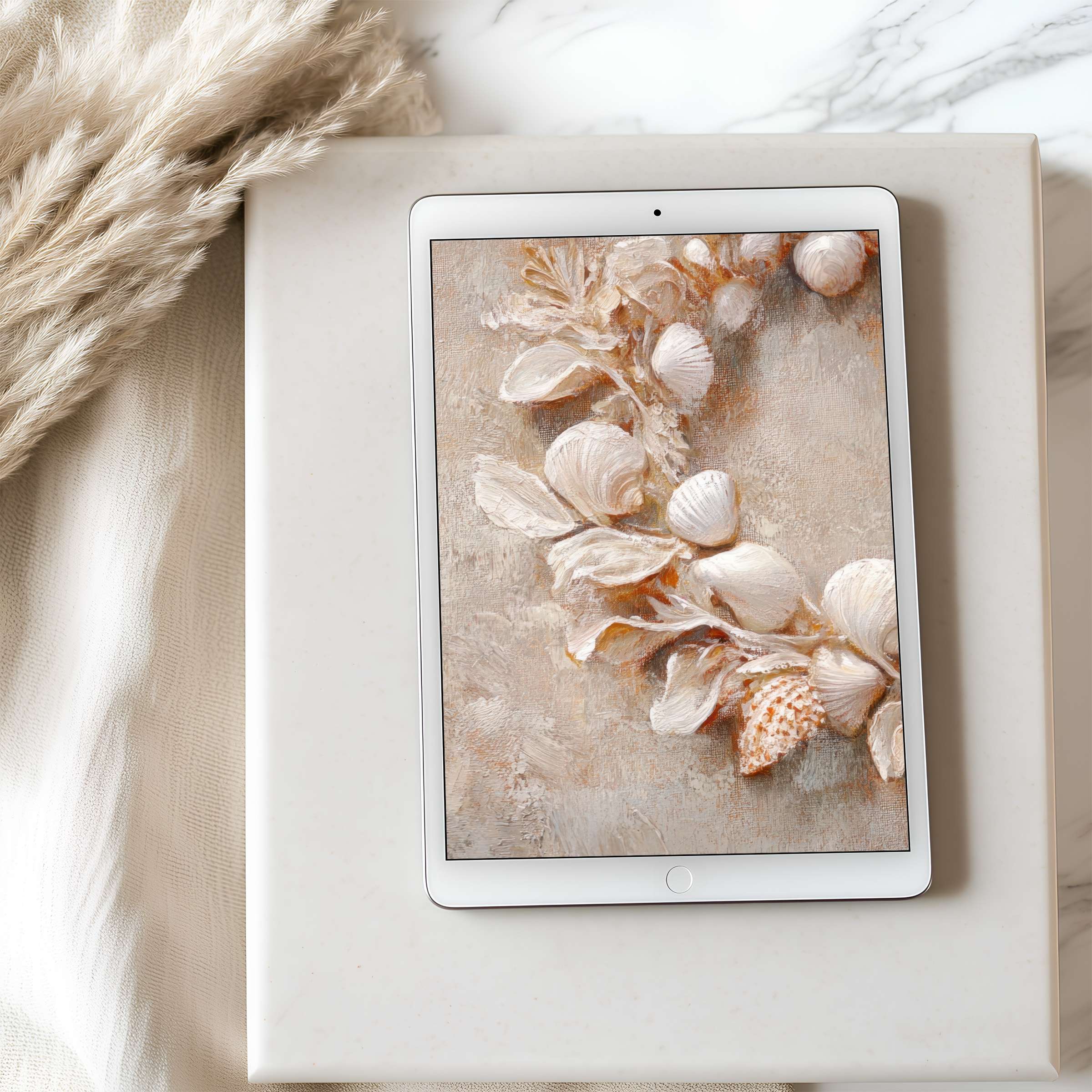 Elevate your space with this serene, textured seashell art tablet wallpaper perfect for iPad and Android tablets digital download