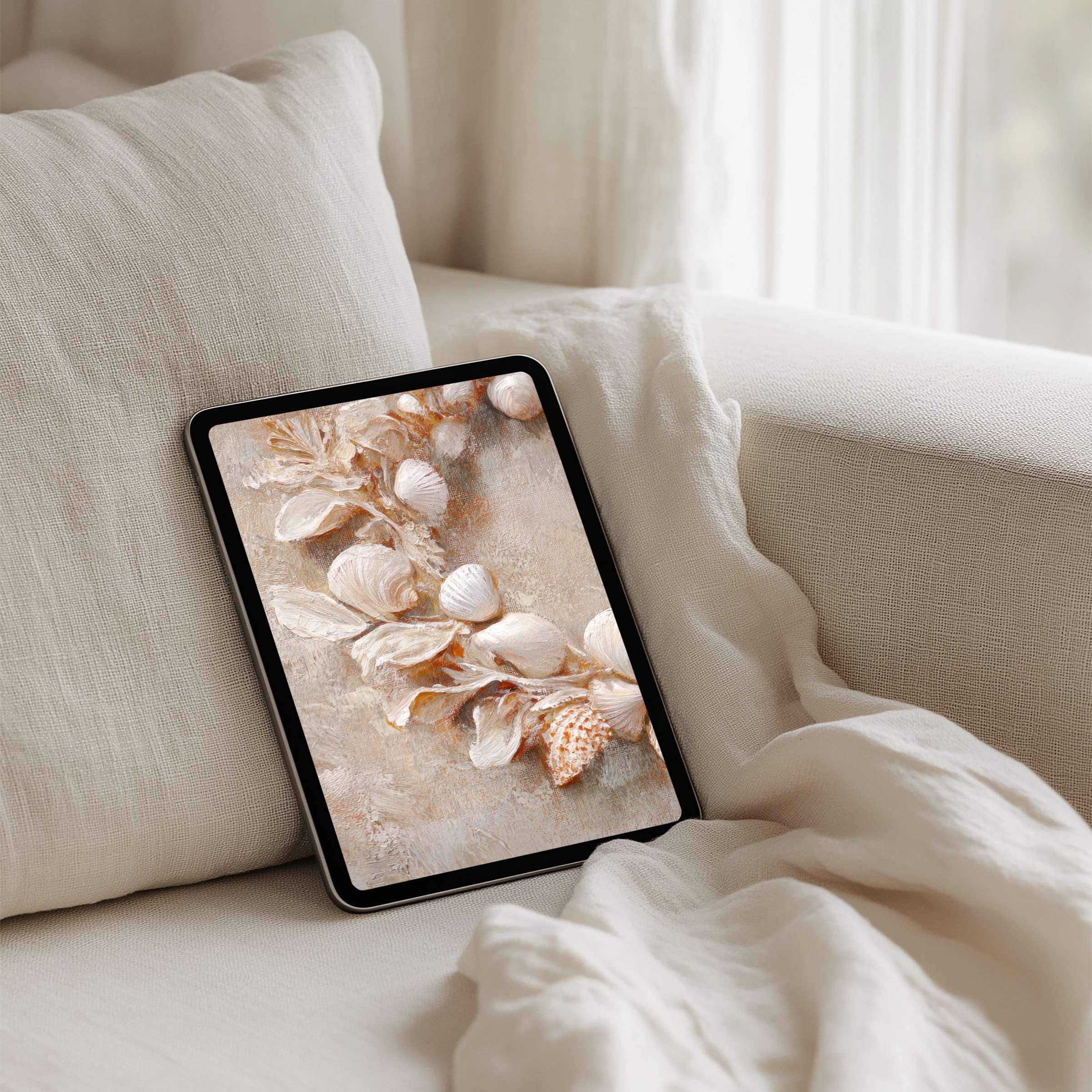 Elegant seashell art on iPad background promotes calm and inspiration for any tablet users seeking mindful beauty instant download