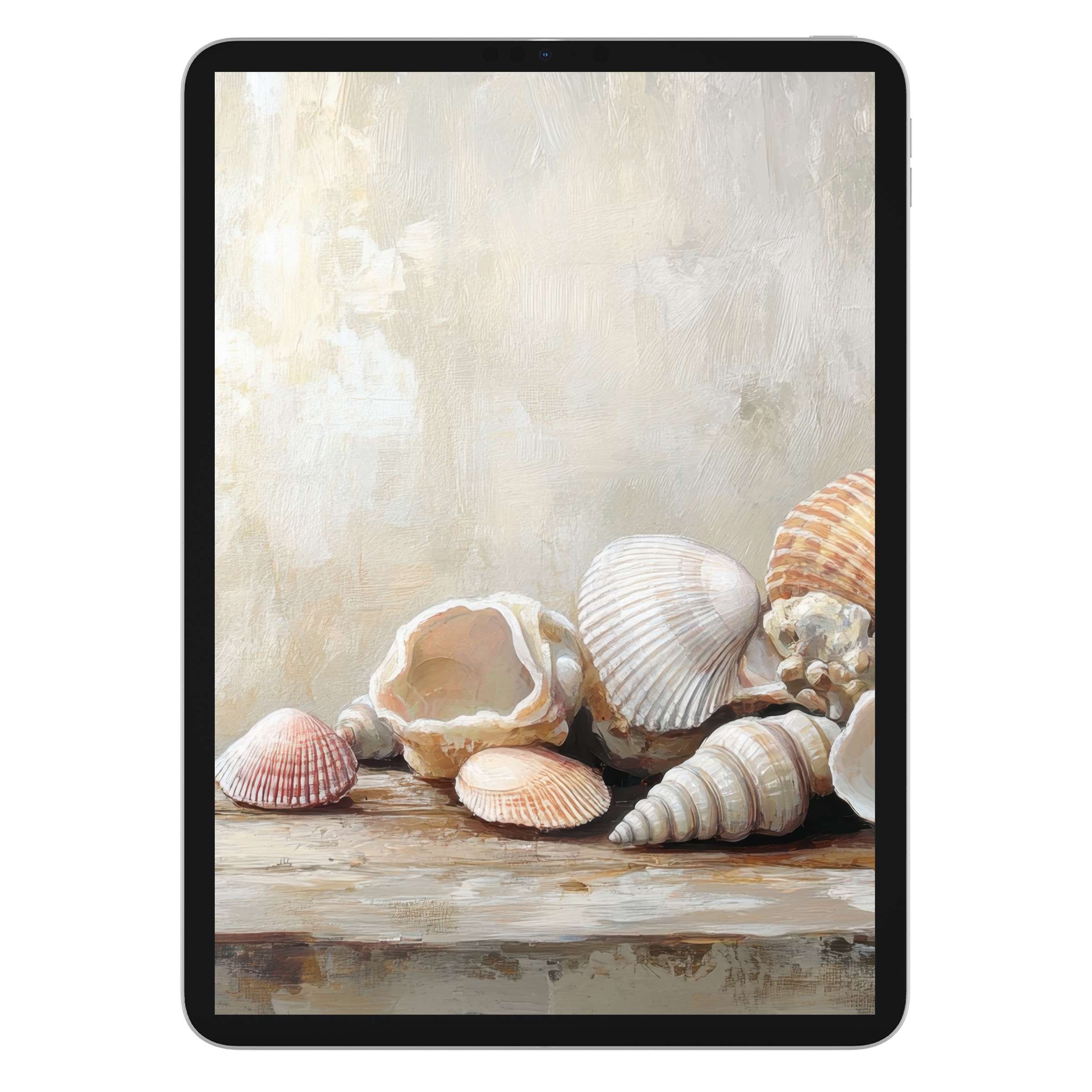 Serene coastal iPad wallpaper featuring textured seashells for a calming tablet background digital download evokes elegance and tranquility