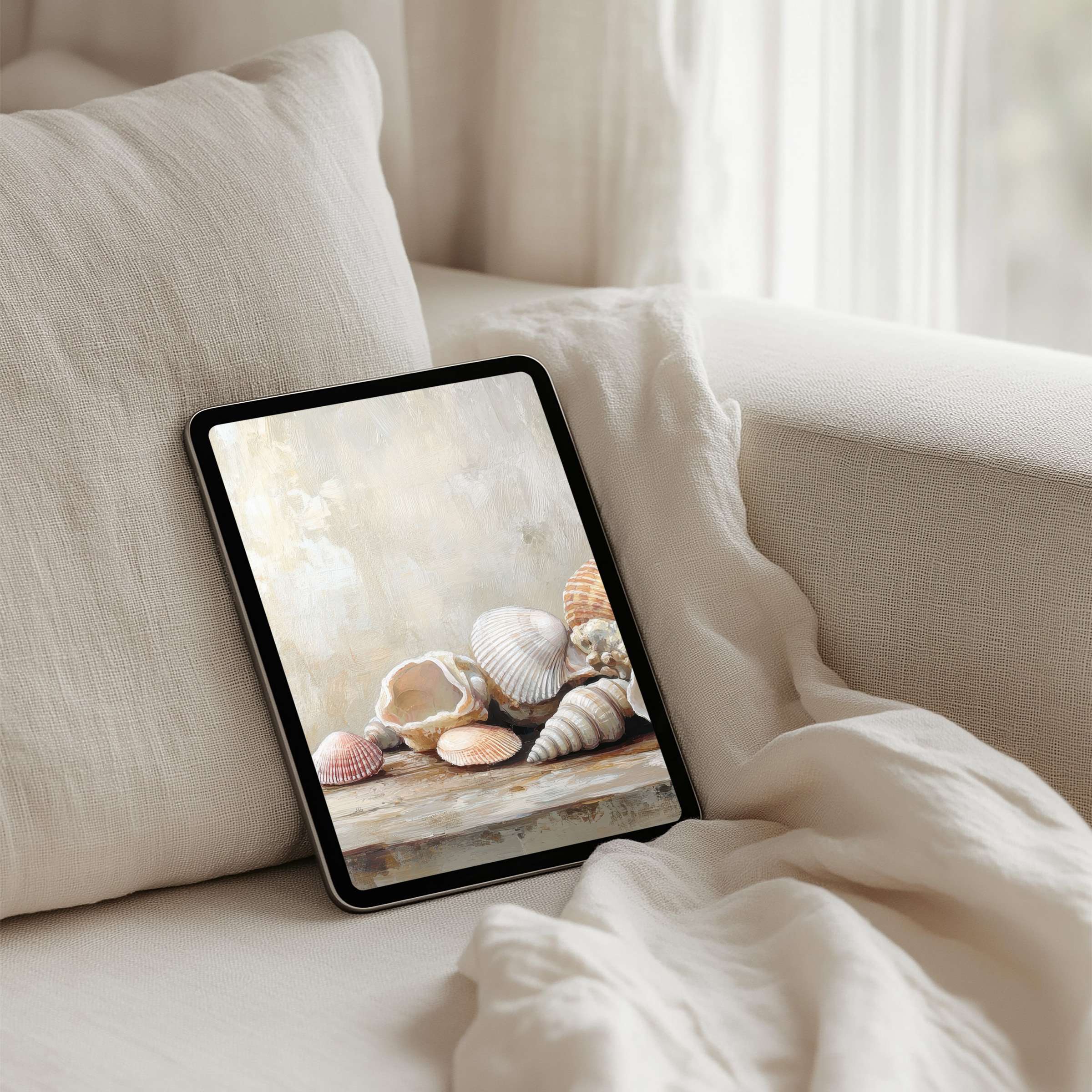 Serene iPad background featuring elegant seashells on a neutral palette for mindful inspiration instant download for tablets