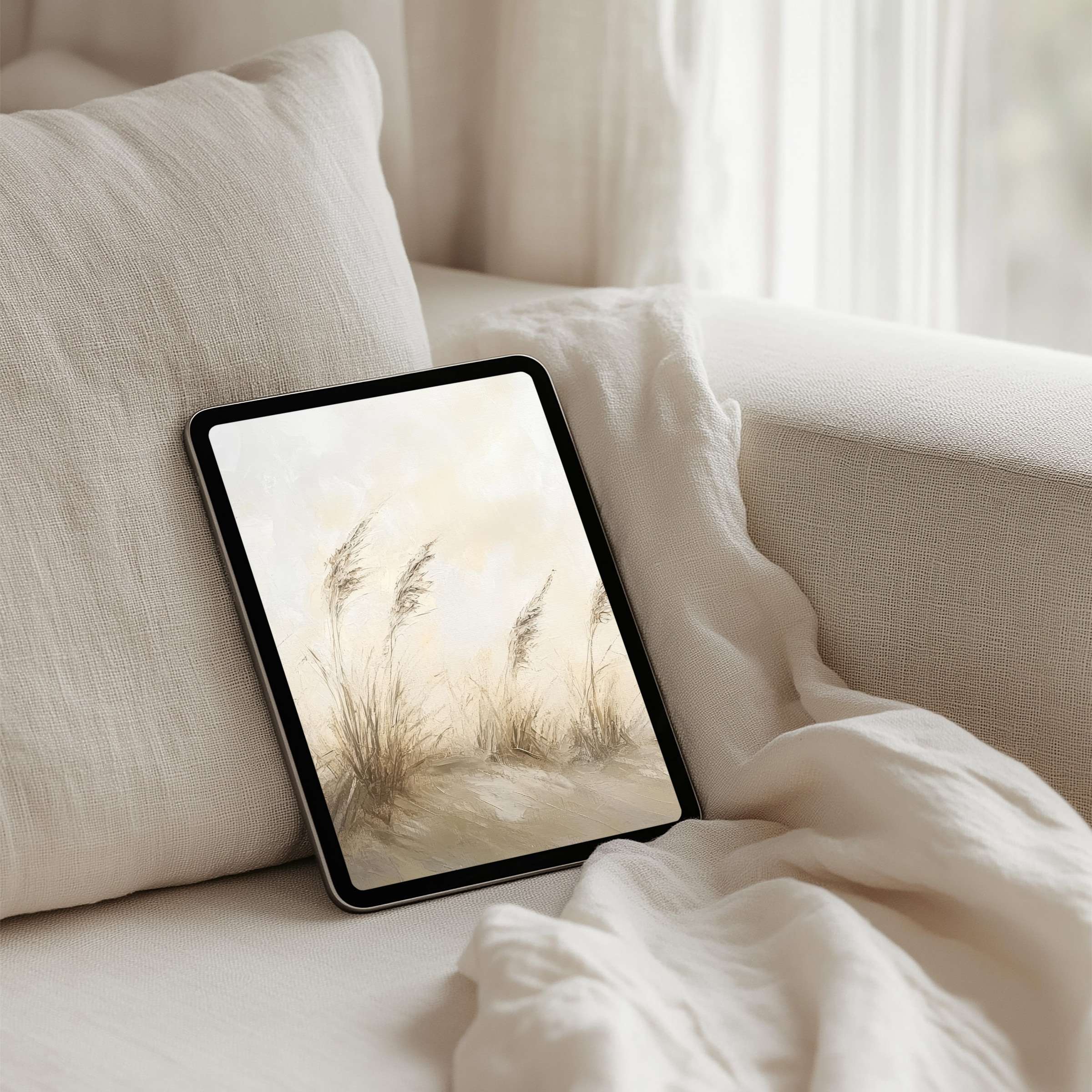 Elegant iPad background with serene beige tones and grasses offers tablet users instant download for calm inspiration and mindfulness