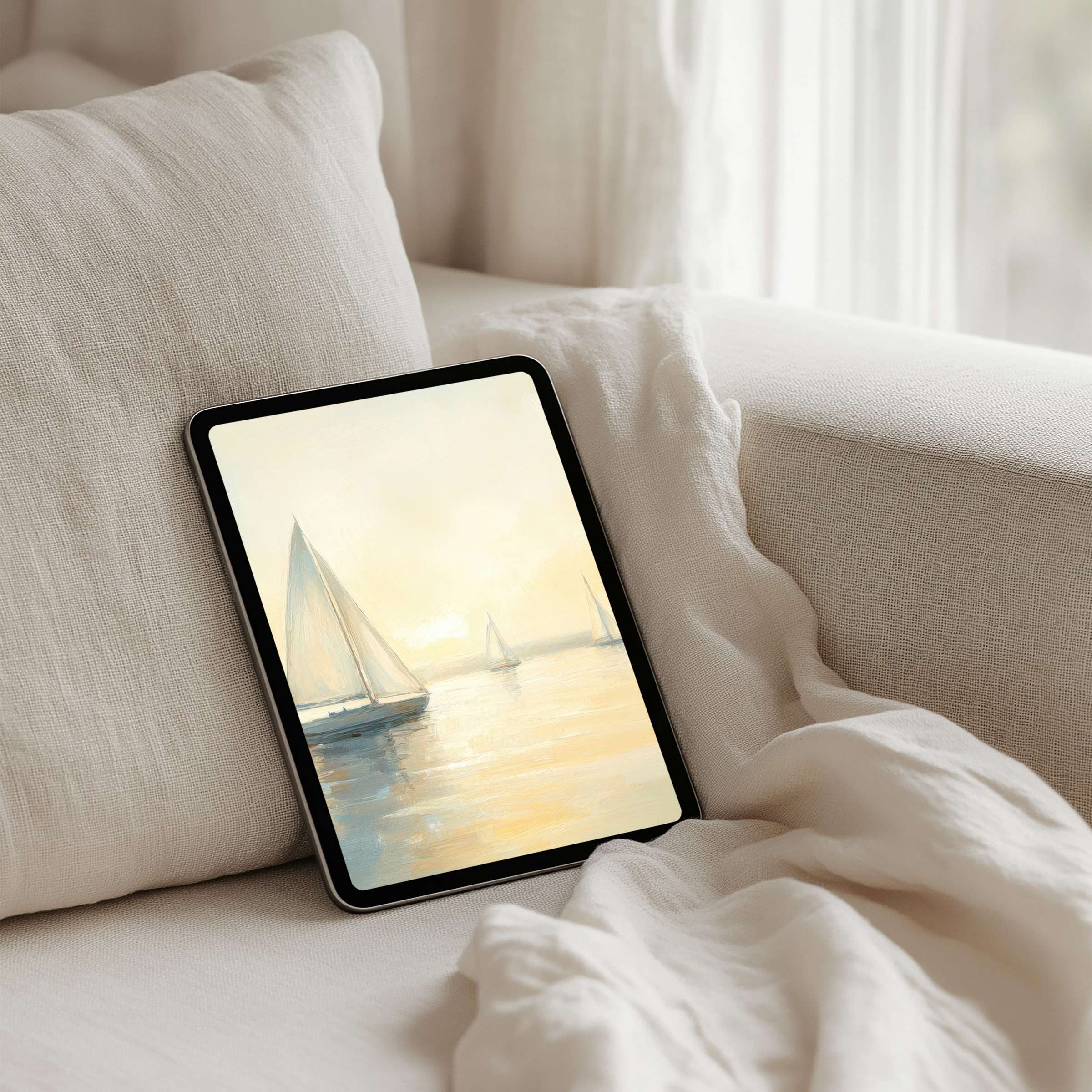 Serene sailboat artwork enhances your iPad background, offering instant download for mindful elegance on any tablet device
