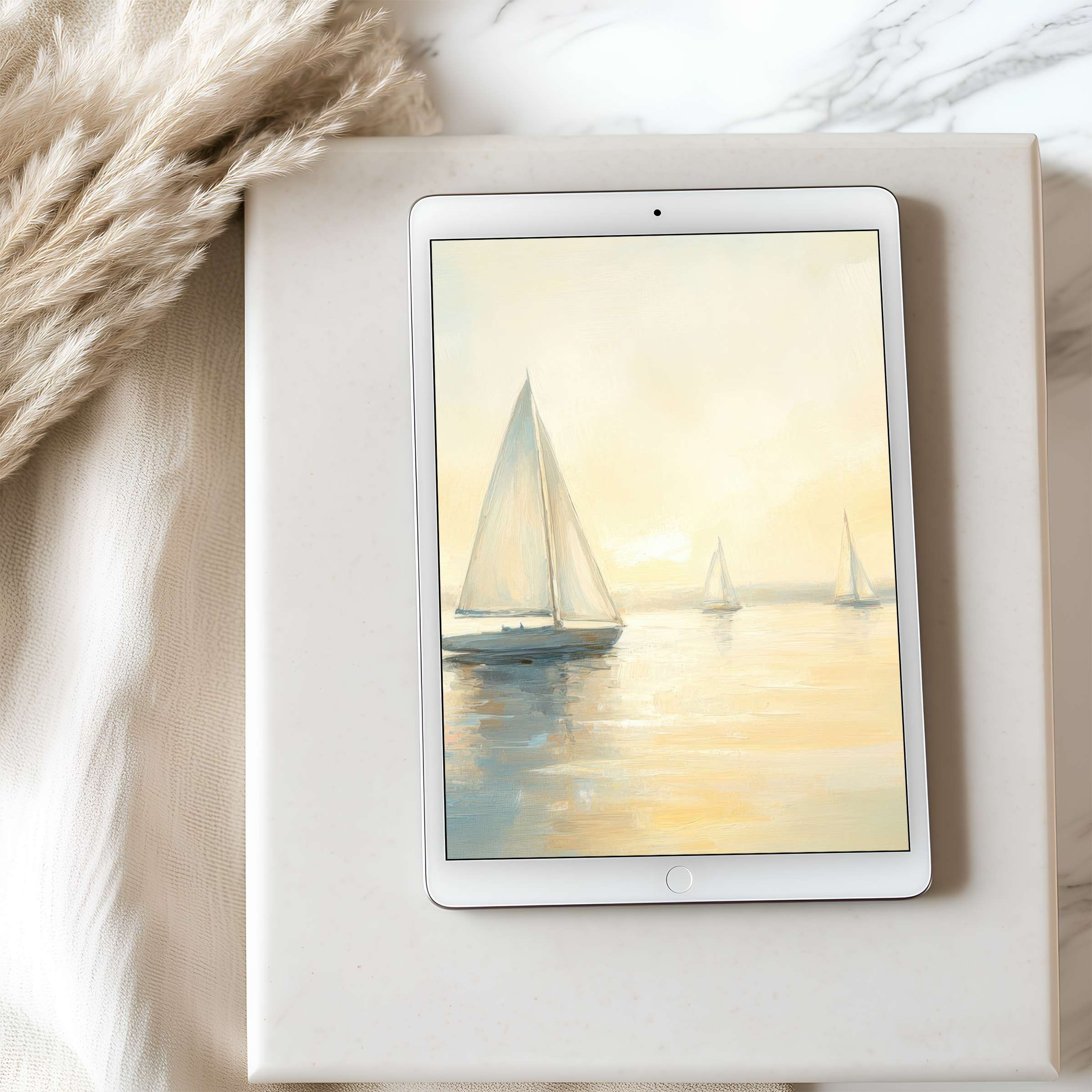 Elegant tablet wallpaper featuring serene sailboats on a tranquil sea, perfect for high resolution iPad or Android, digital download