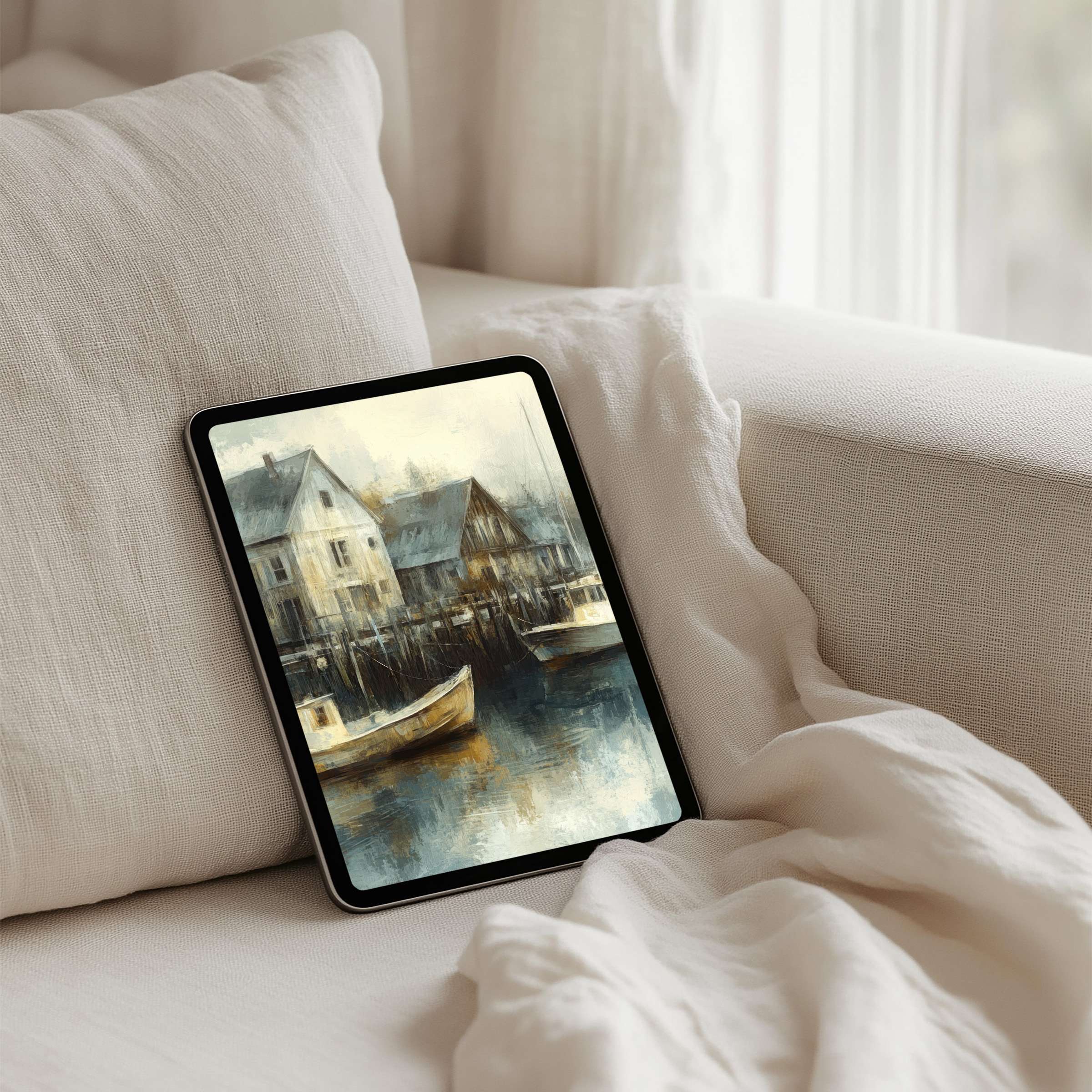 Serene harbor painting iPad background for an elegant, calming tablet experience ideal for Samsung and Android users instant download