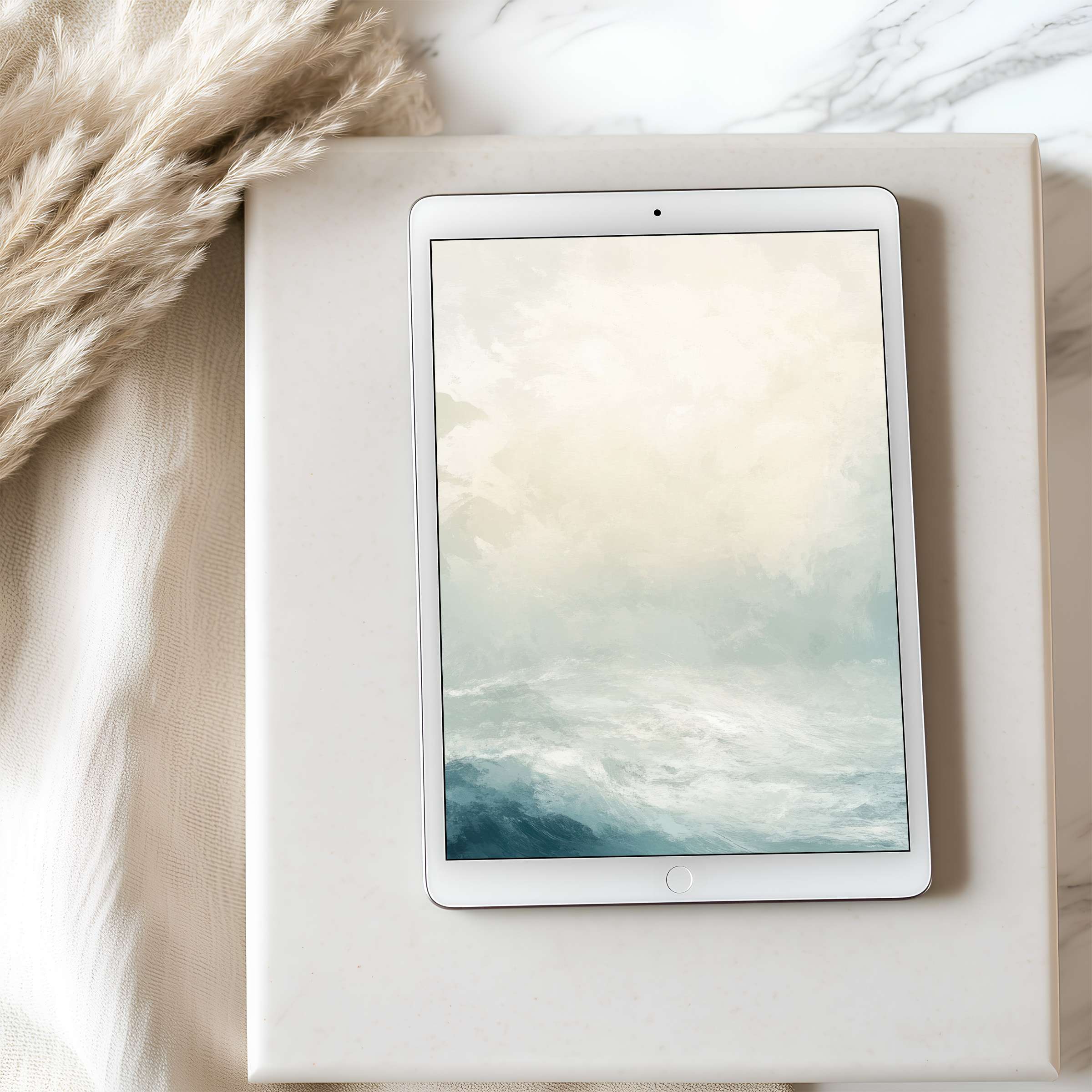 Elegant tablet wallpaper featuring tranquil coastal painting in soothing pastels perfect for high-resolution digital download on iPad