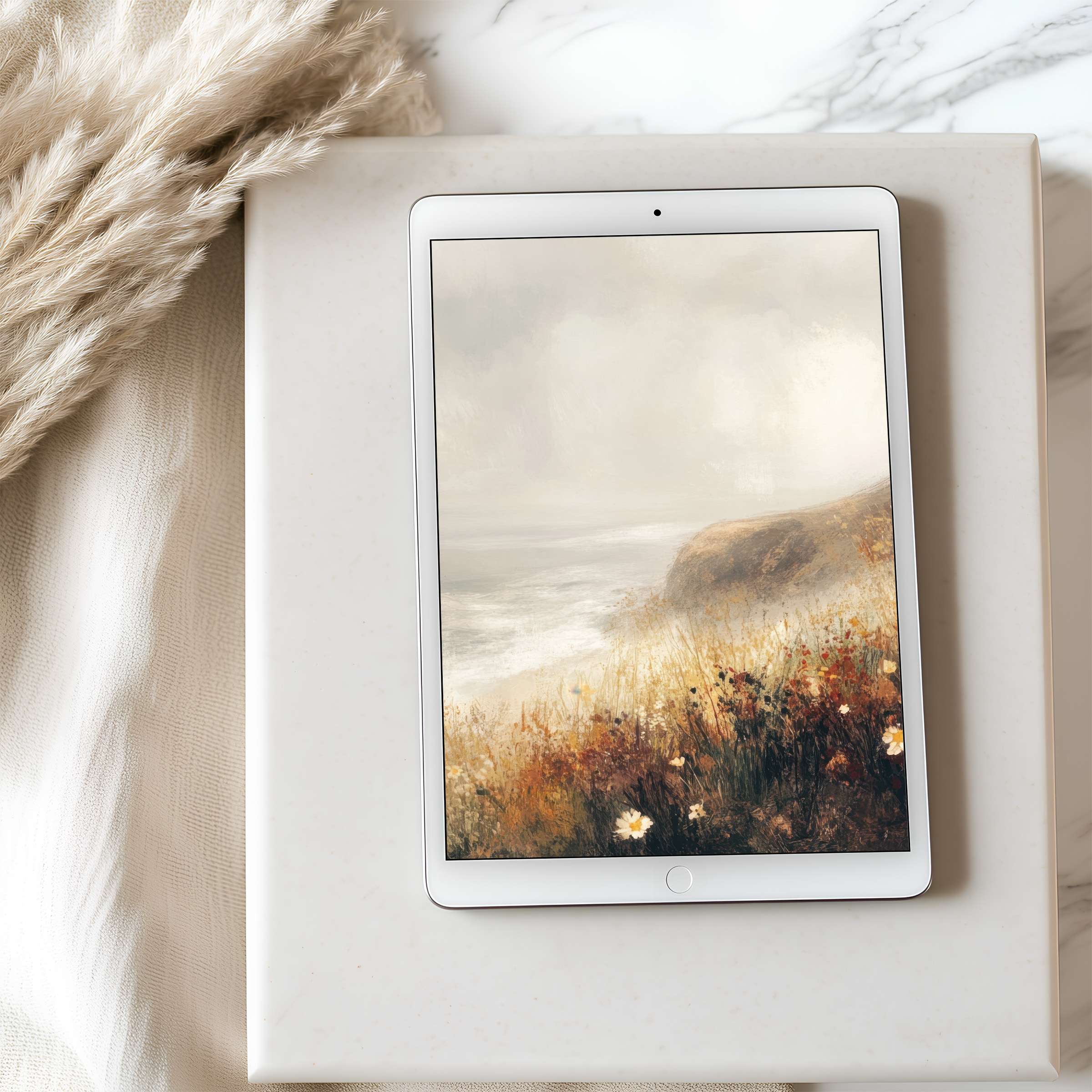 Elegant tablet wallpaper with misty coastal scene in soft earthy tones complements design-conscious interior for iPad or Android users