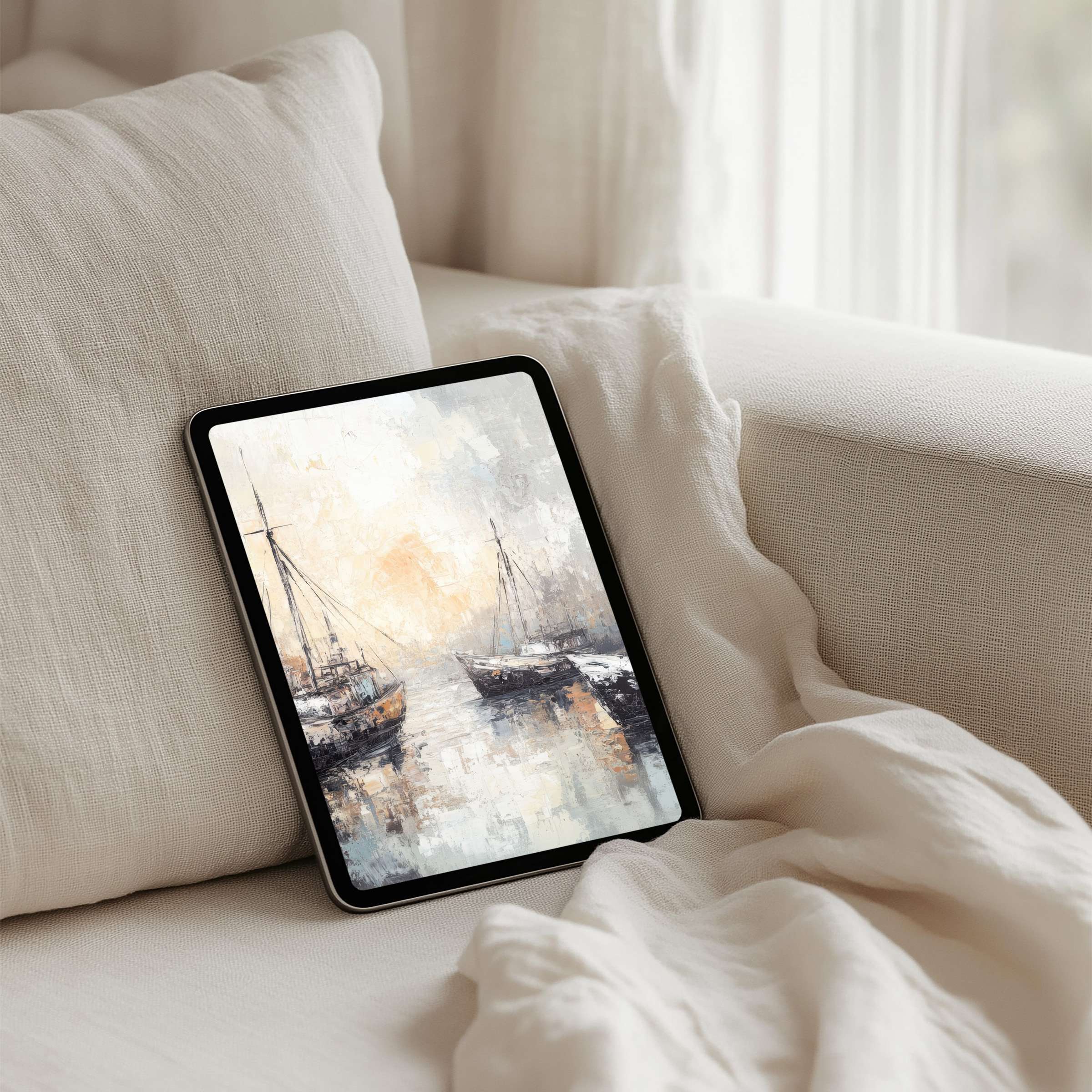 Elegant sailboats painting as iPad background on a serene couch evokes mindfulness and inspiration with instant download for tablet