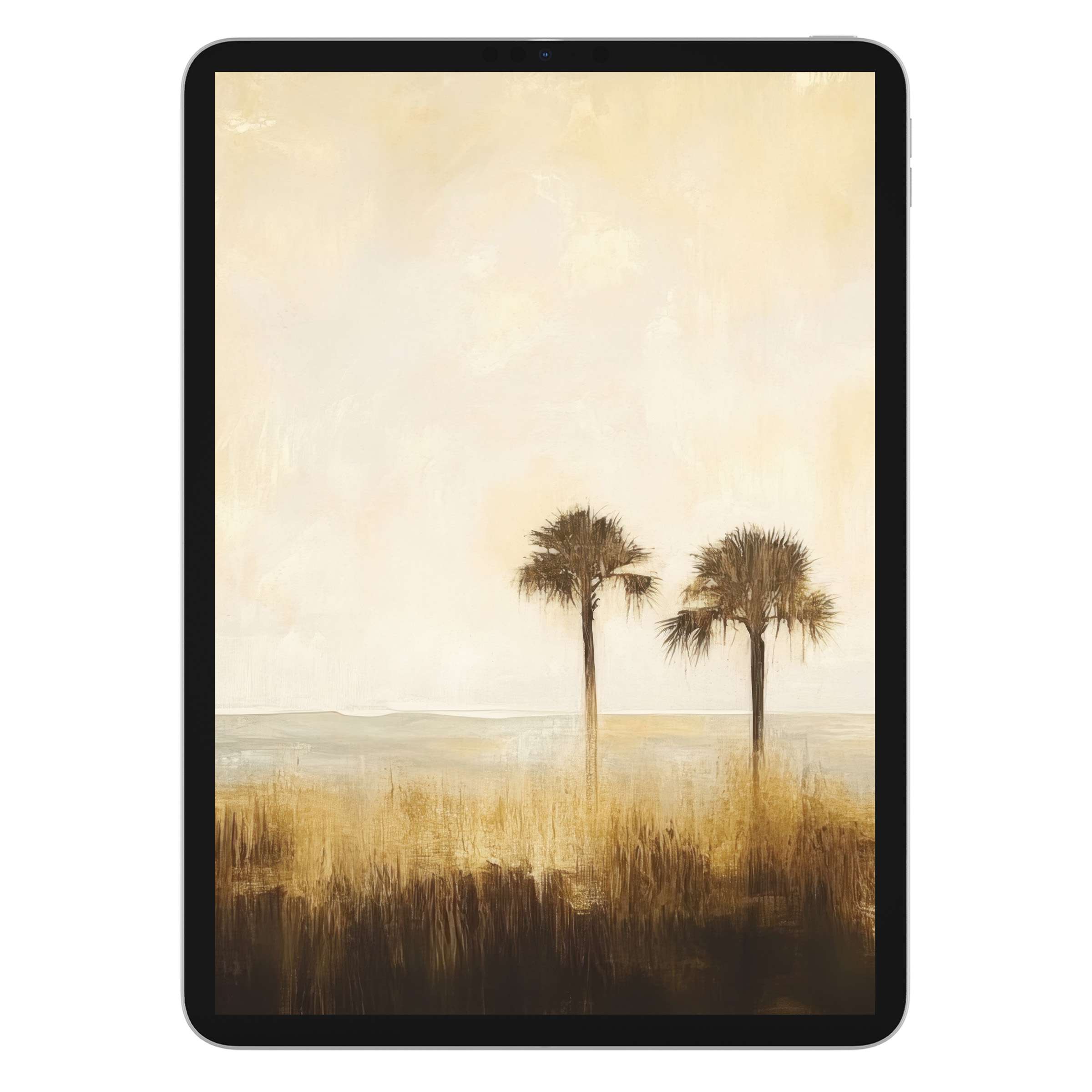 Calm coastal iPad wallpaper with serene palm trees in muted beige tones, perfect tablet background digital download for tranquility