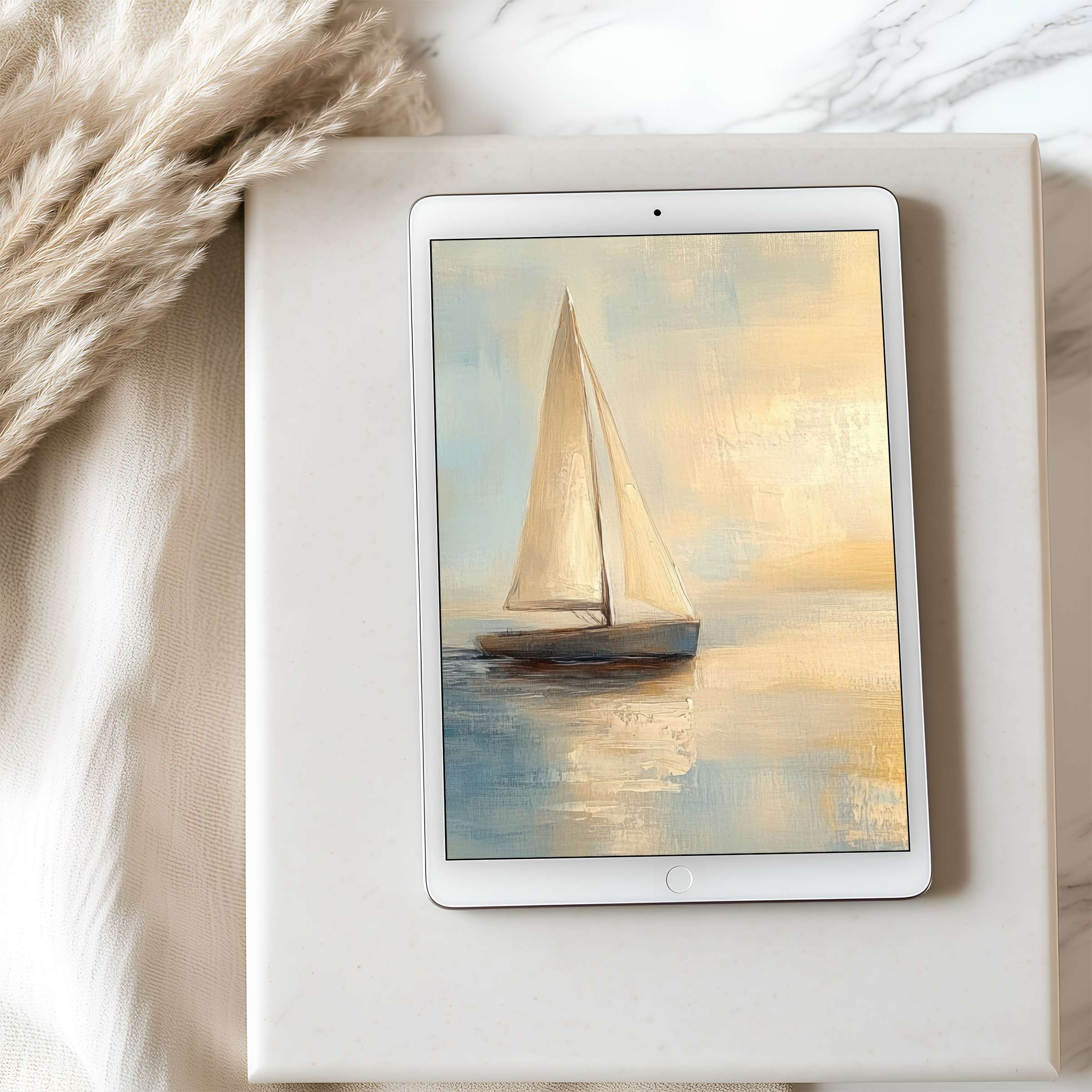 Elegant ocean-themed tablet wallpaper with serene sailboat art in soft pastels ideal for iPad and Android tablets digital download
