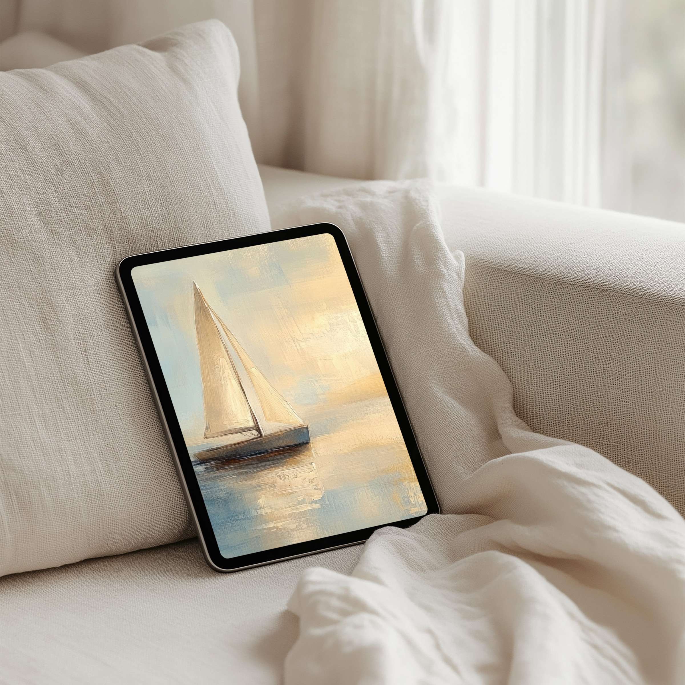 Serene sailboat painting in soft pastels graces your iPad background offering calm and inspiration for instant download on any tablet