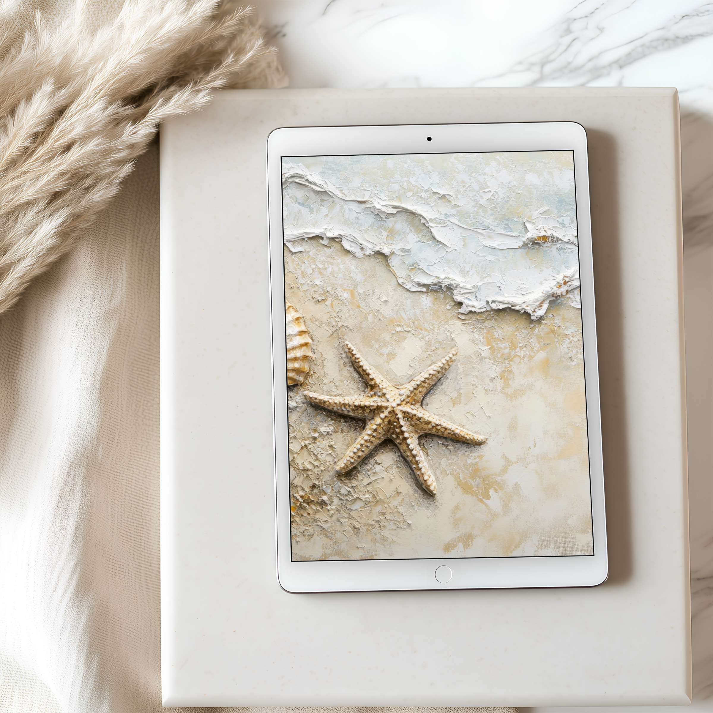Elegant digital art tablet wallpaper on an iPad features serene coastal textures in calming hues, ideal for high-resolution downloads