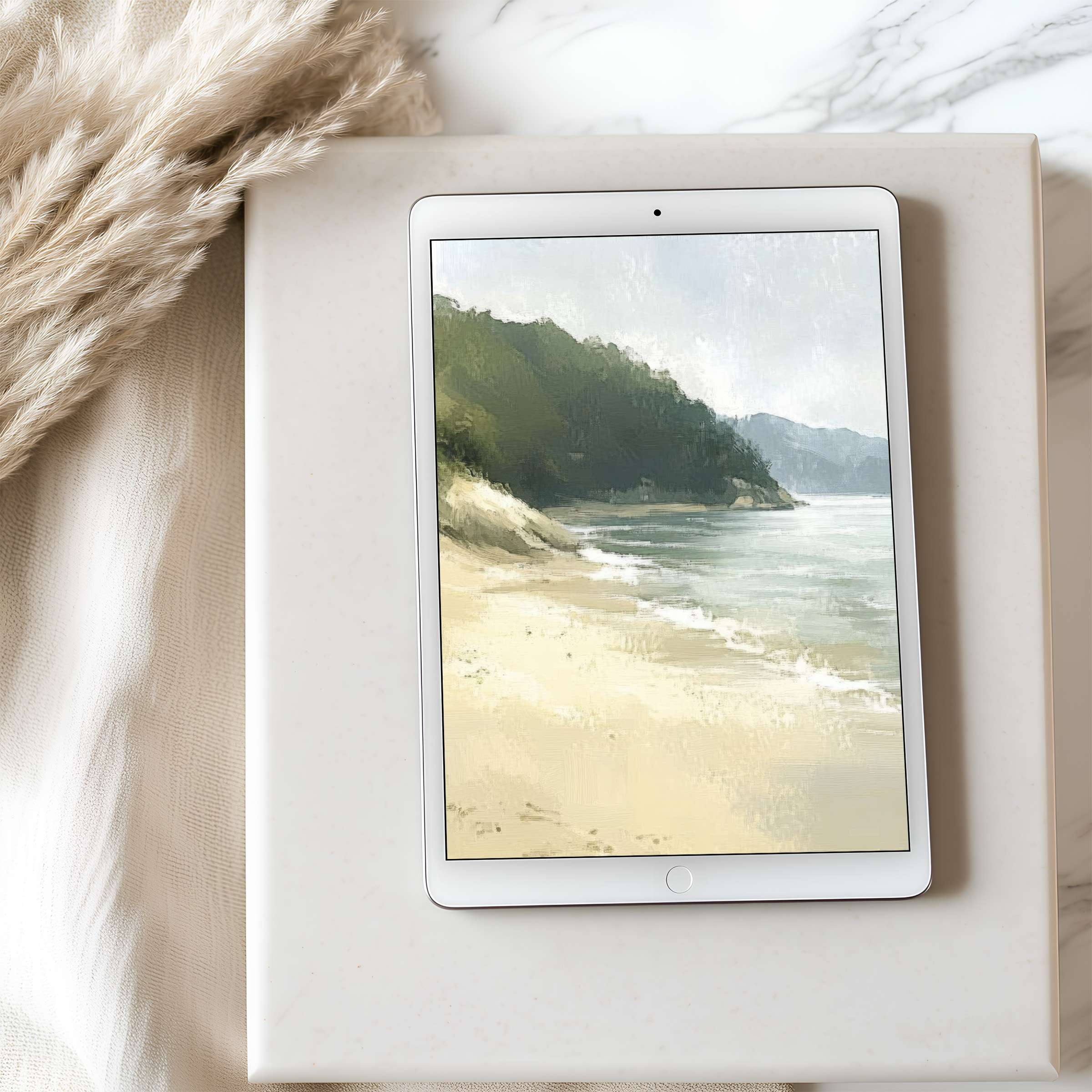 Elegant beach scene tablet wallpaper with tranquil coastal art on iPad, perfect for calm, sustainable digital download in high resolution