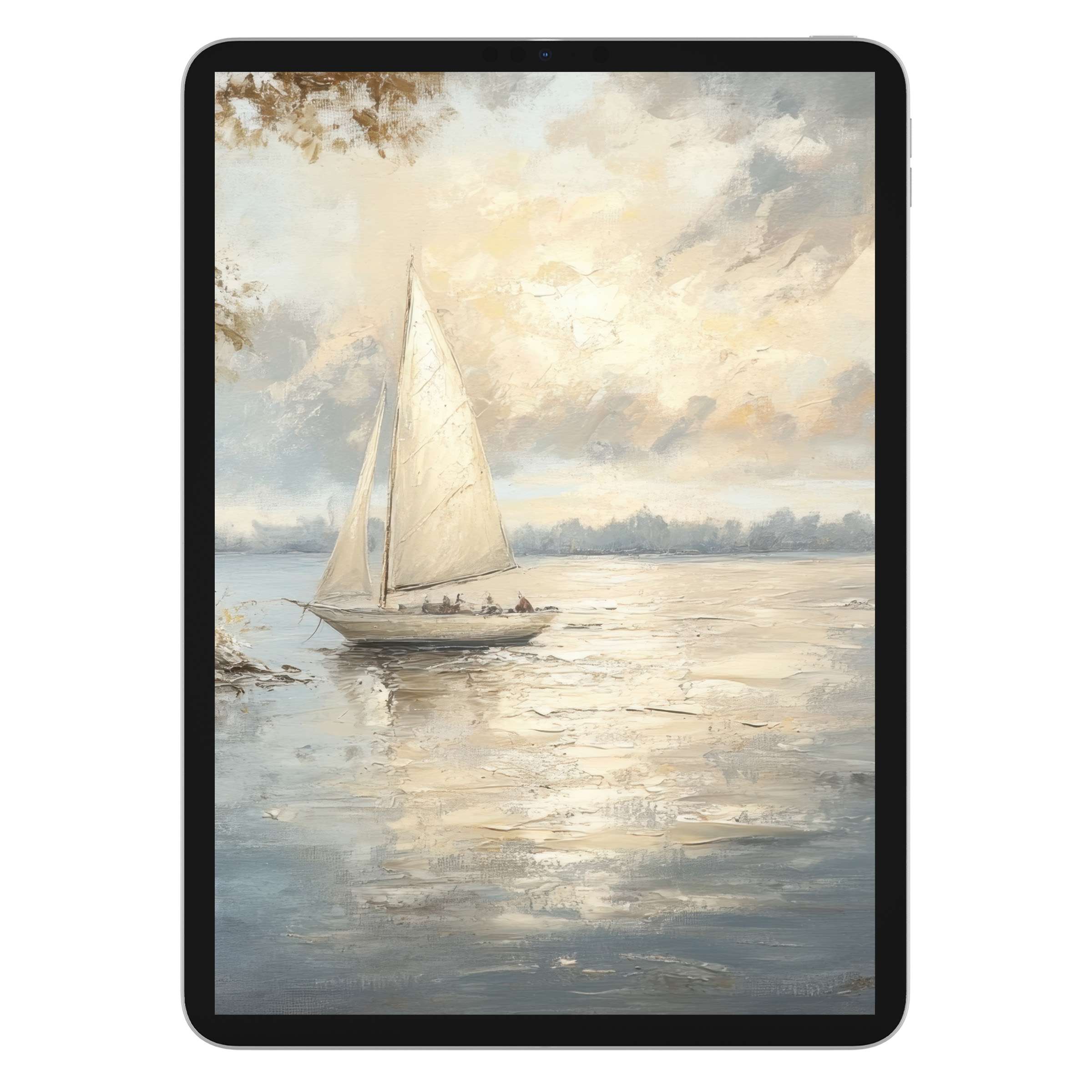 Coastal iPad wallpaper featuring a serene sailboat at sunset perfect as a digital download for tablet background enhancing tranquility