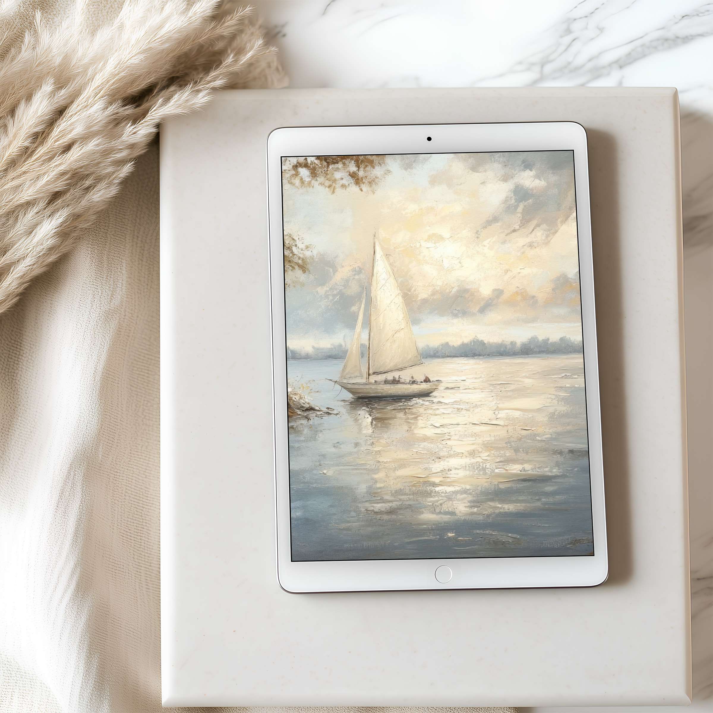 Elegant sailboat scene in pastel hues for a calming tablet wallpaper perfect for high-resolution iPad and Android downloads