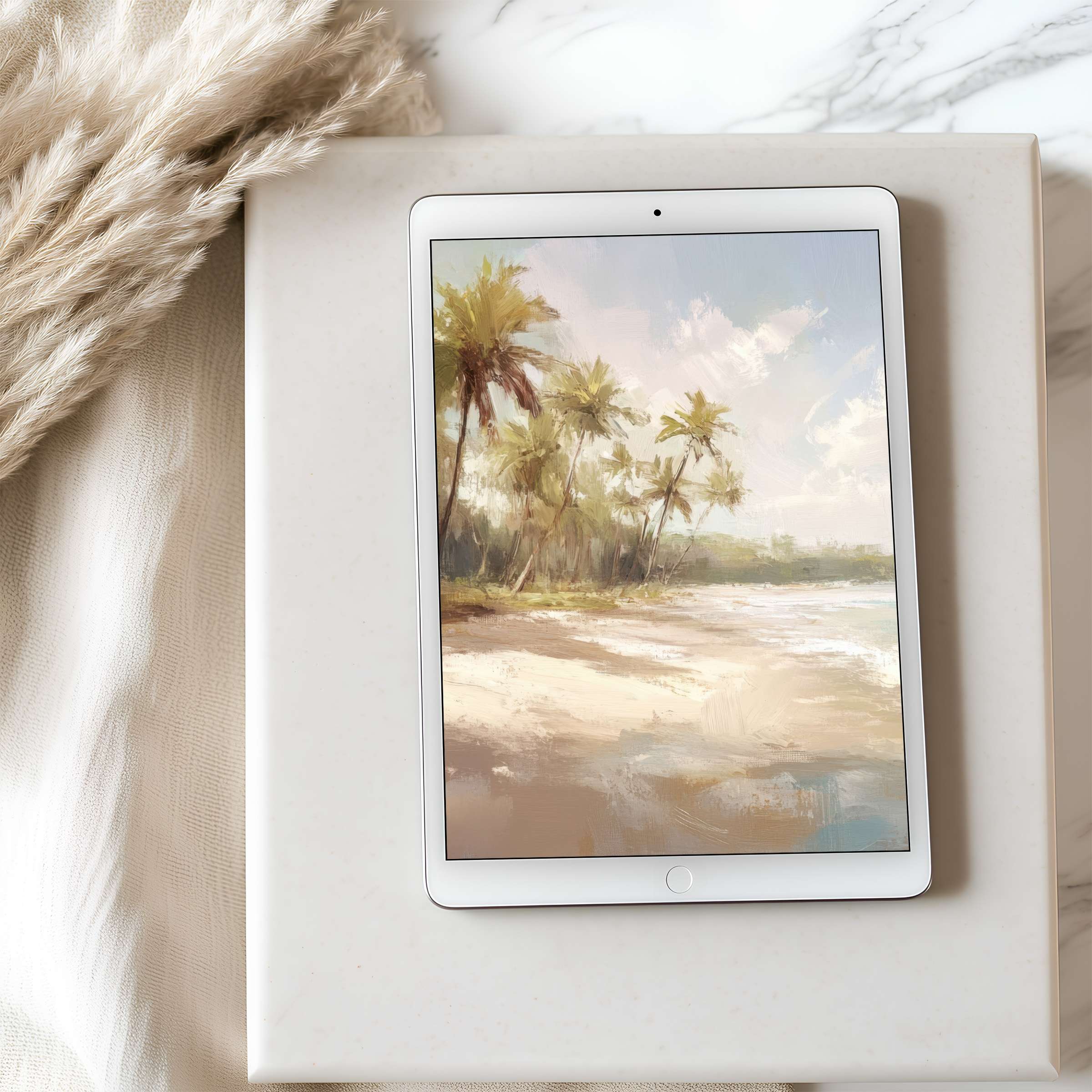 Serene beach scene tablet wallpaper featuring palm trees in warm tones offers high resolution beauty for iPad and tablet downloads