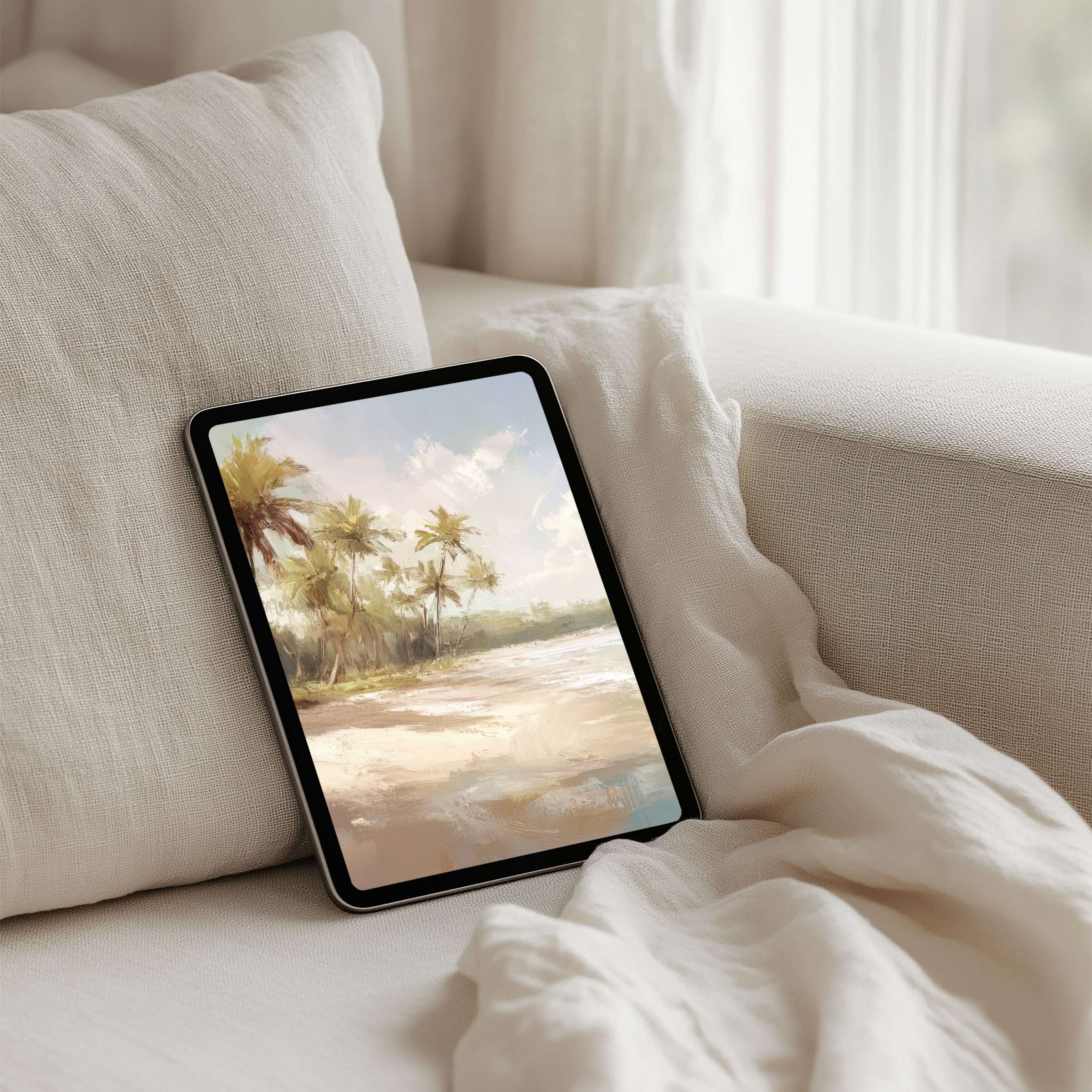 Elegant iPad background featuring serene beach scenery, perfect for instant download on any tablet, evoking calm inspiration