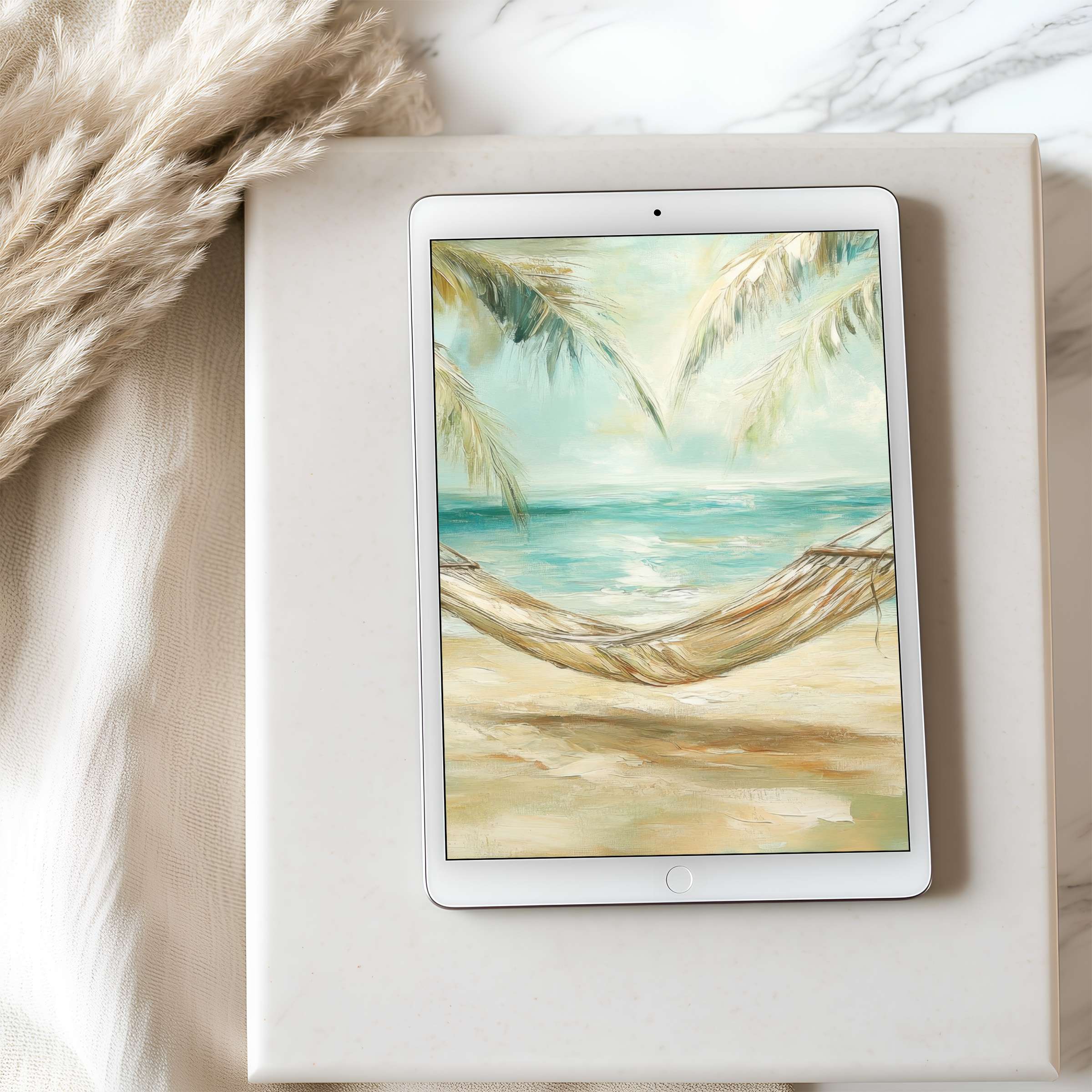Calming beach scene tablet wallpaper with soft pastels, exuding tranquility and elegance, perfect for iPad digital download, high resolution