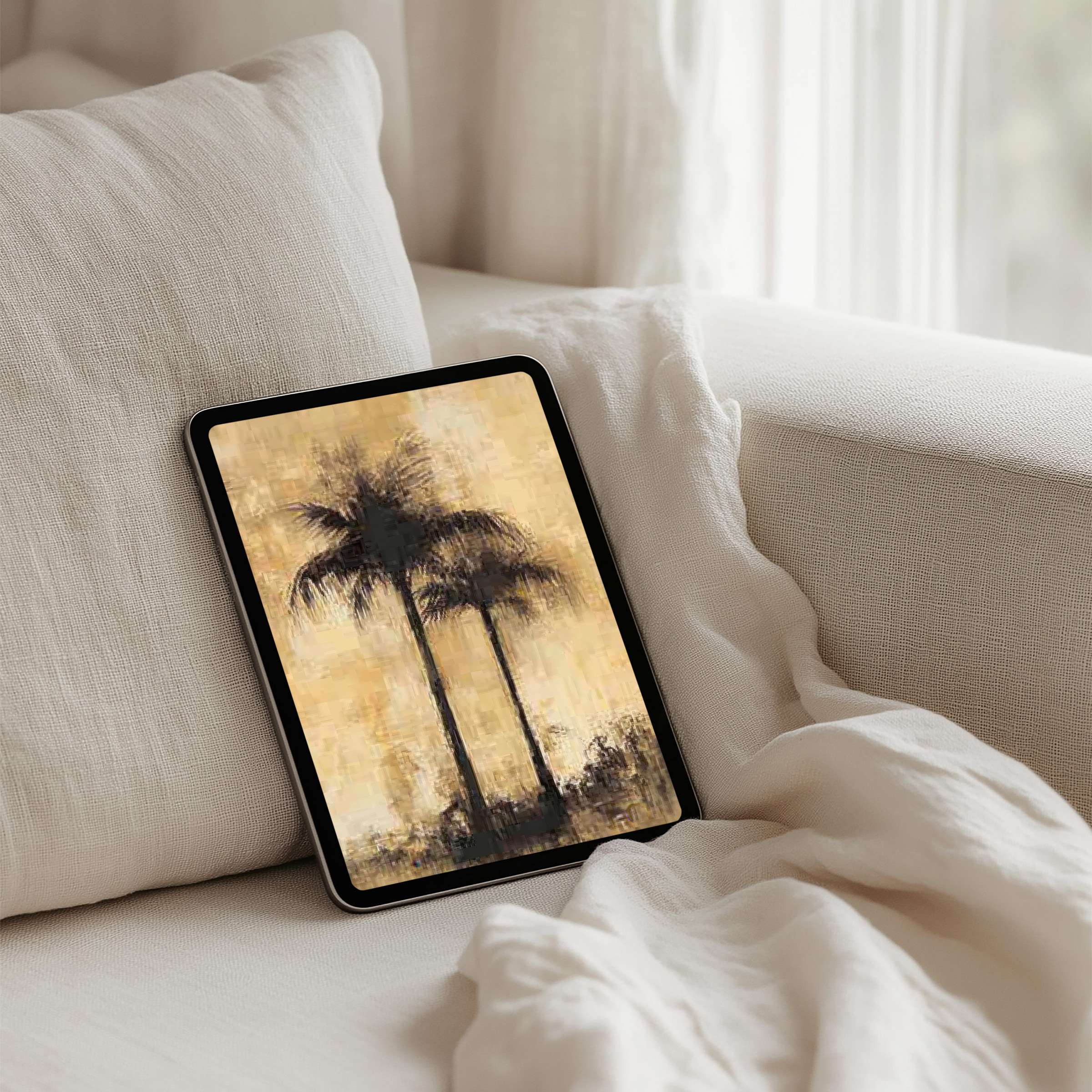 Elegant palm-themed iPad background offers instant download for your tablet, evoking calm and inspiration in warm, earthy tones