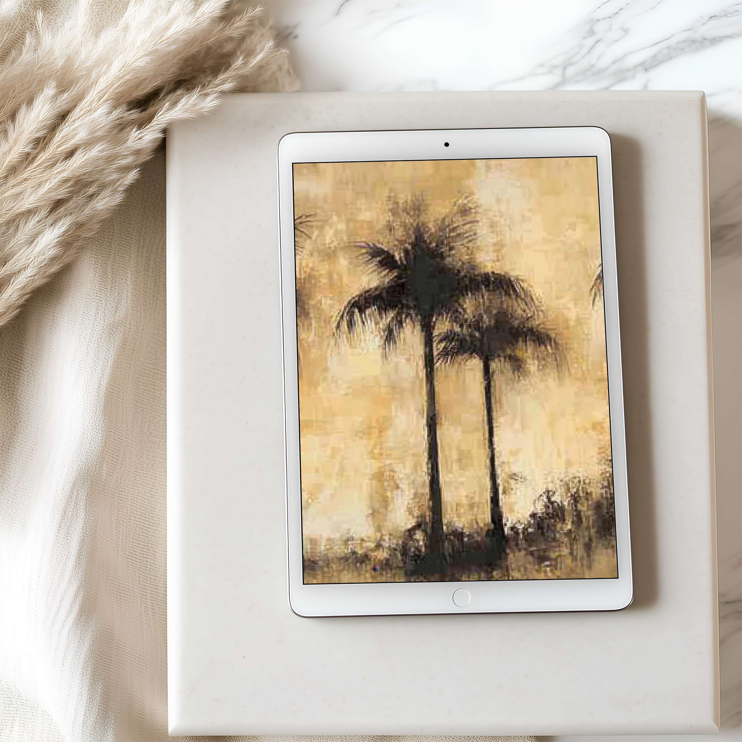 Elegant palm motif on warm-toned abstract background as a high-resolution tablet wallpaper enhances calm for iPad and Android use
