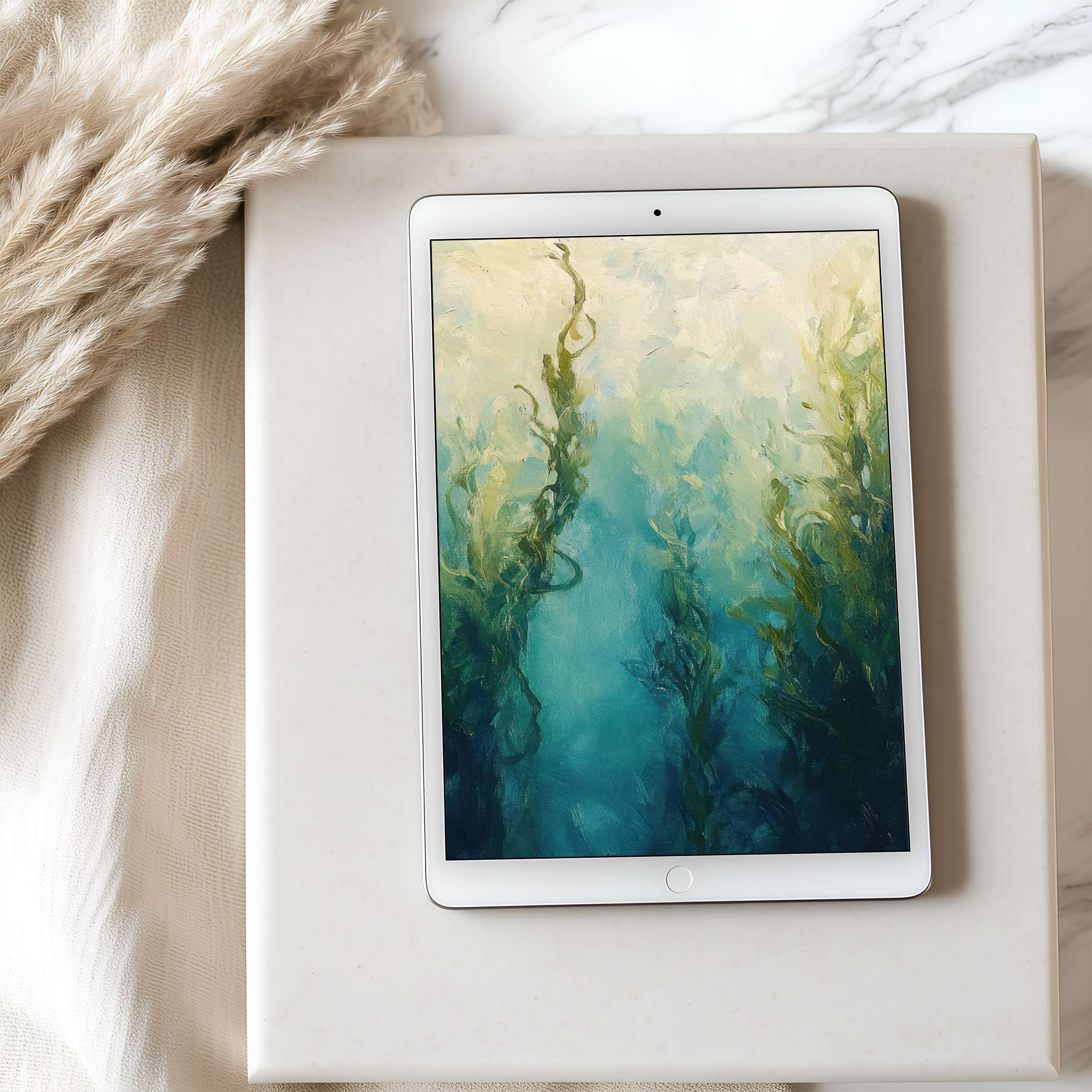 Elegant tablet wallpaper featuring ethereal seaweed in sea green and blue hues suitable for iPad and Android tablets digital download