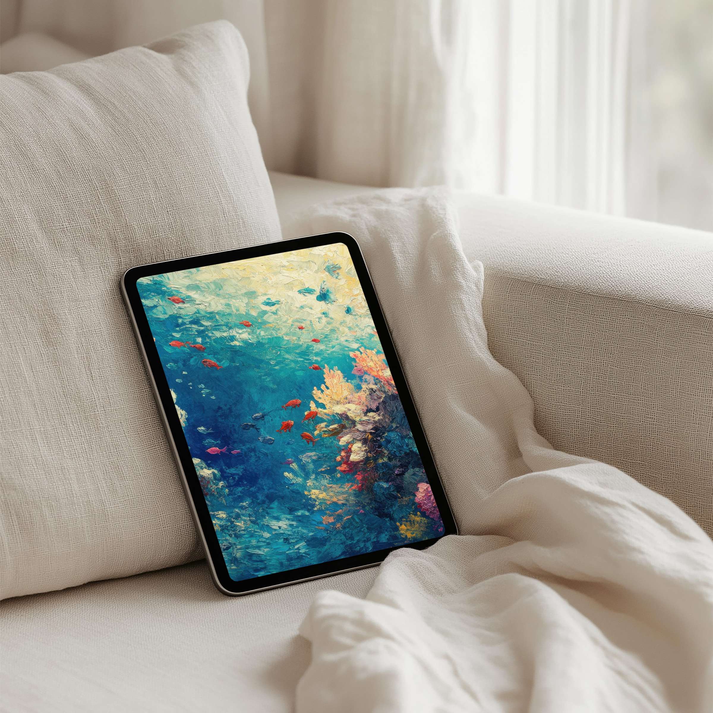 Elegant iPad background depicting a serene underwater scene rich in blues, perfect for instant download to inspire calm on any tablet