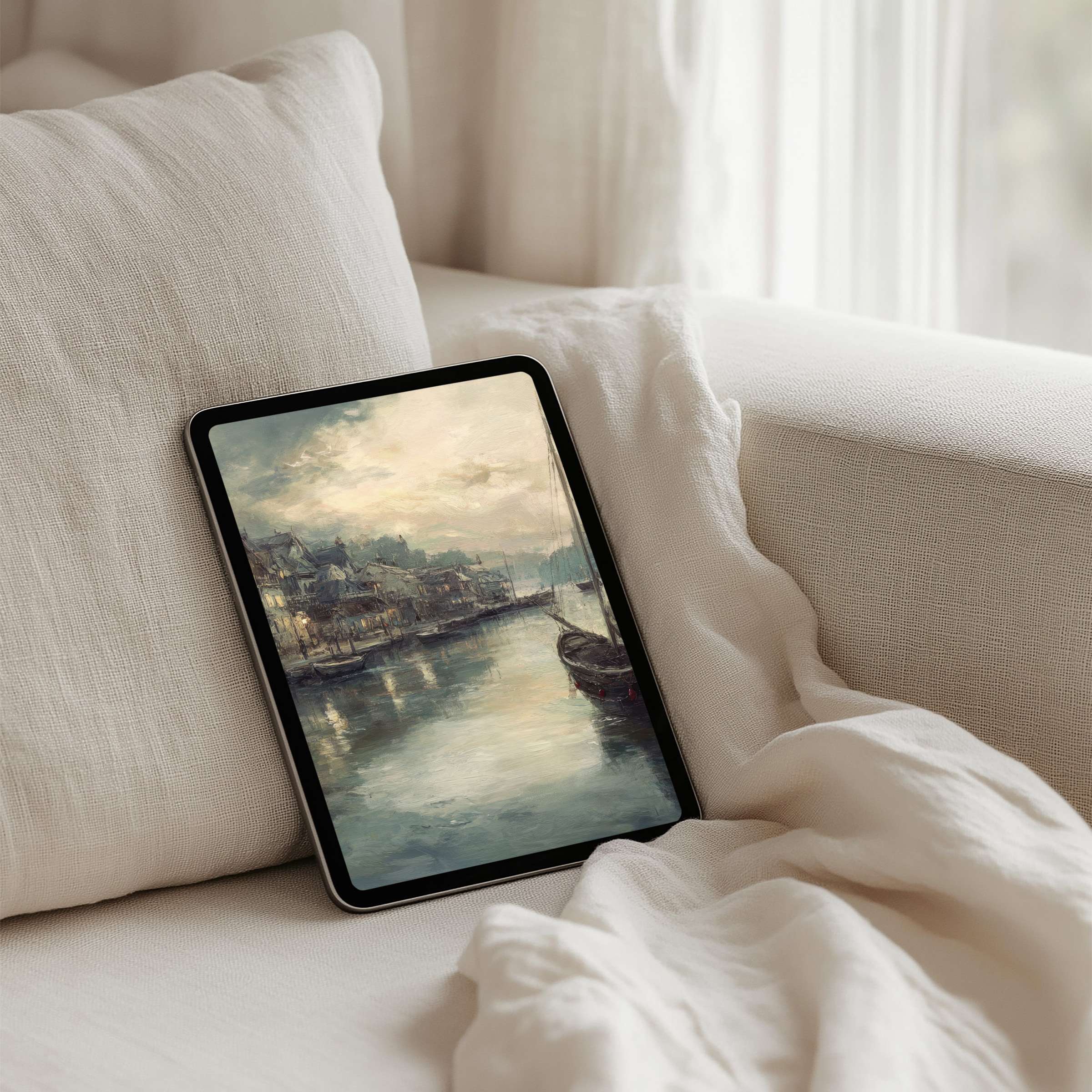 Serene watercolor port scene iPad background for instant download, enhancing your tablet with calm elegance and inspiring tranquility